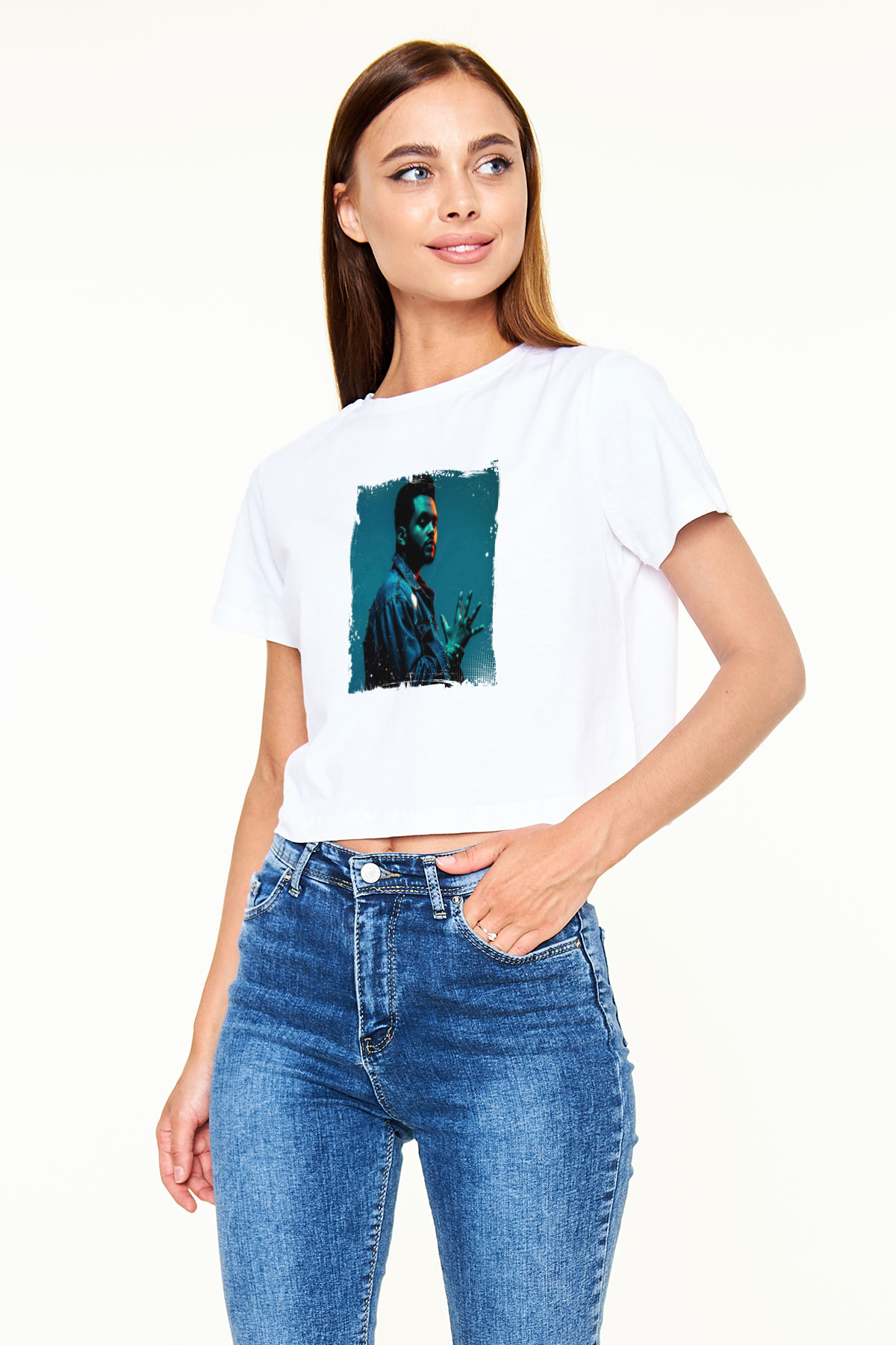 The Weeknd Baskılı Beyaz Kadın Crop Top Tişört