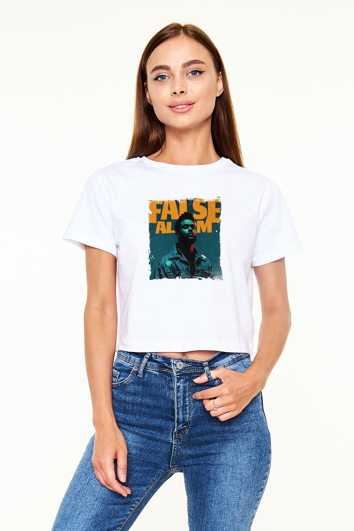 The Weeknd Baskılı Beyaz Kadın Crop Top Tişört