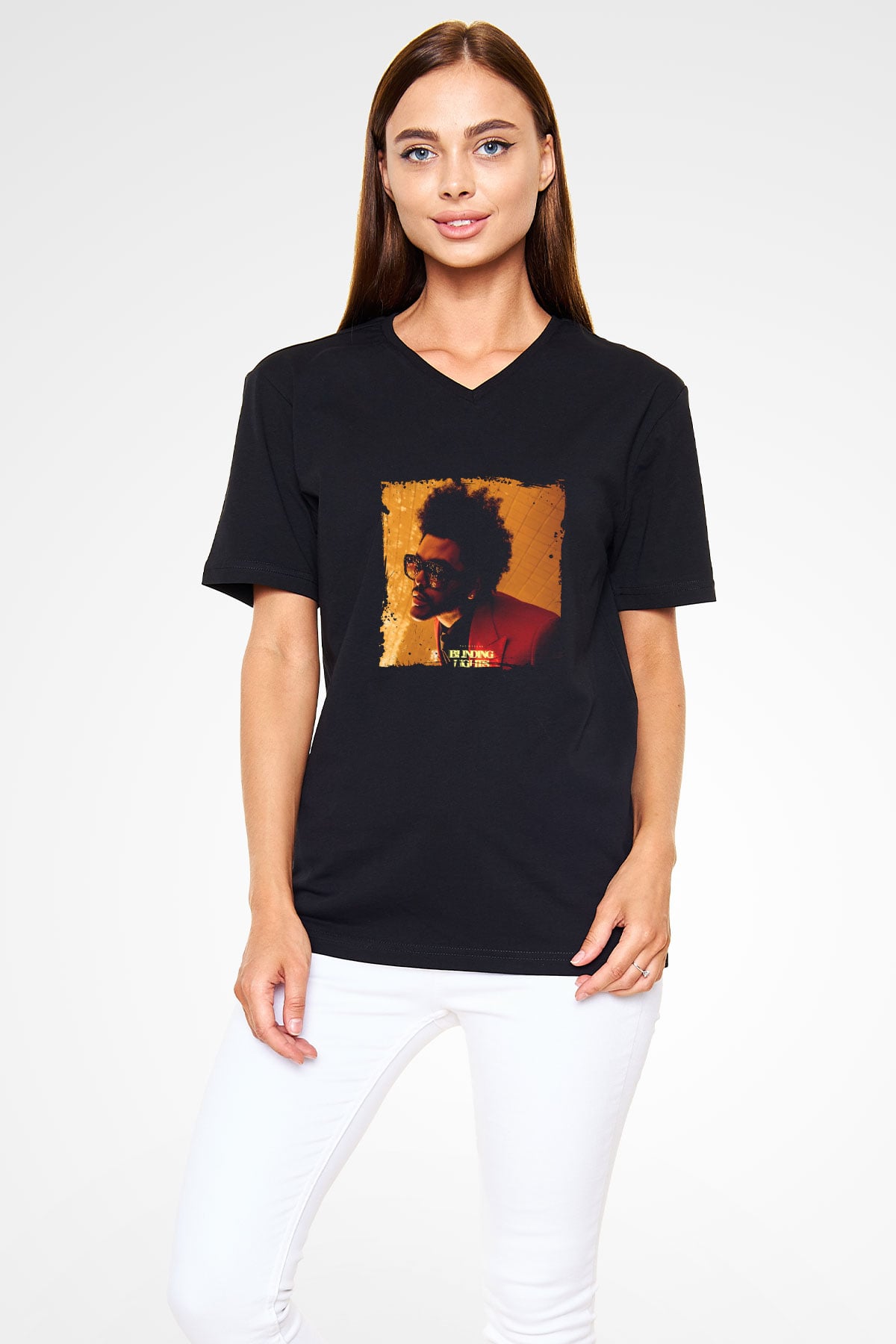 The Weeknd Baskılı Unisex Siyah V Yaka Tişört