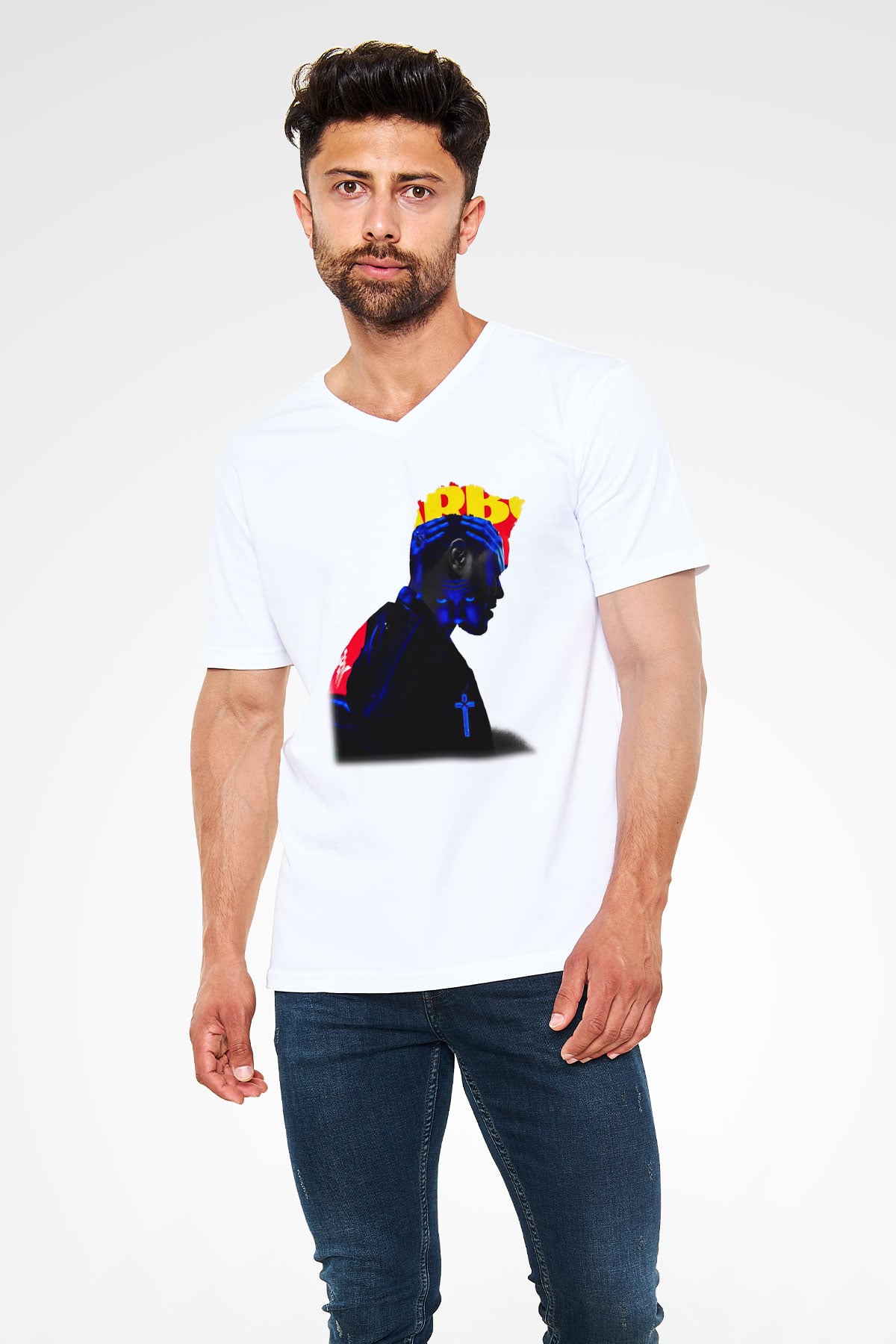 The Weeknd Beyaz Unisex V Yaka Tişört T-Shirt