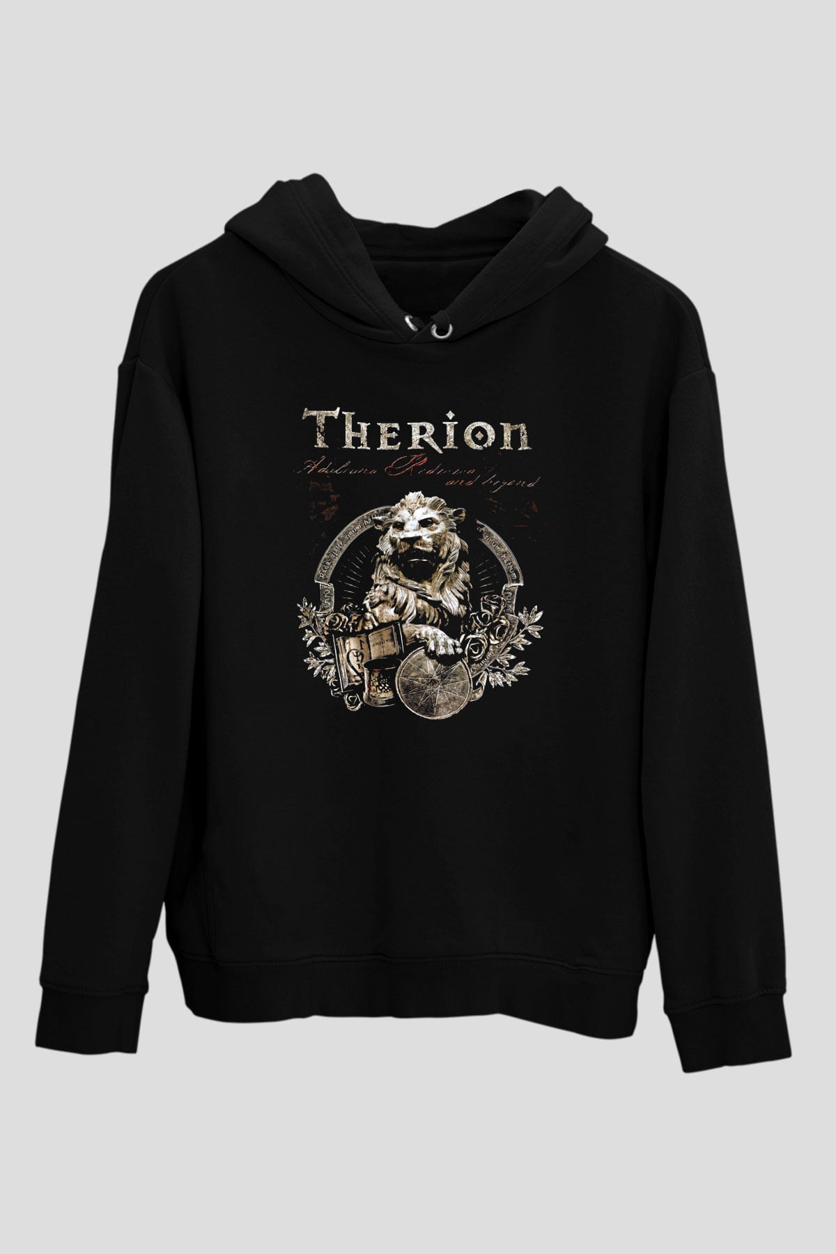 Therion Baskılı Unisex Siyah Kapüşonlu Sweatshirt