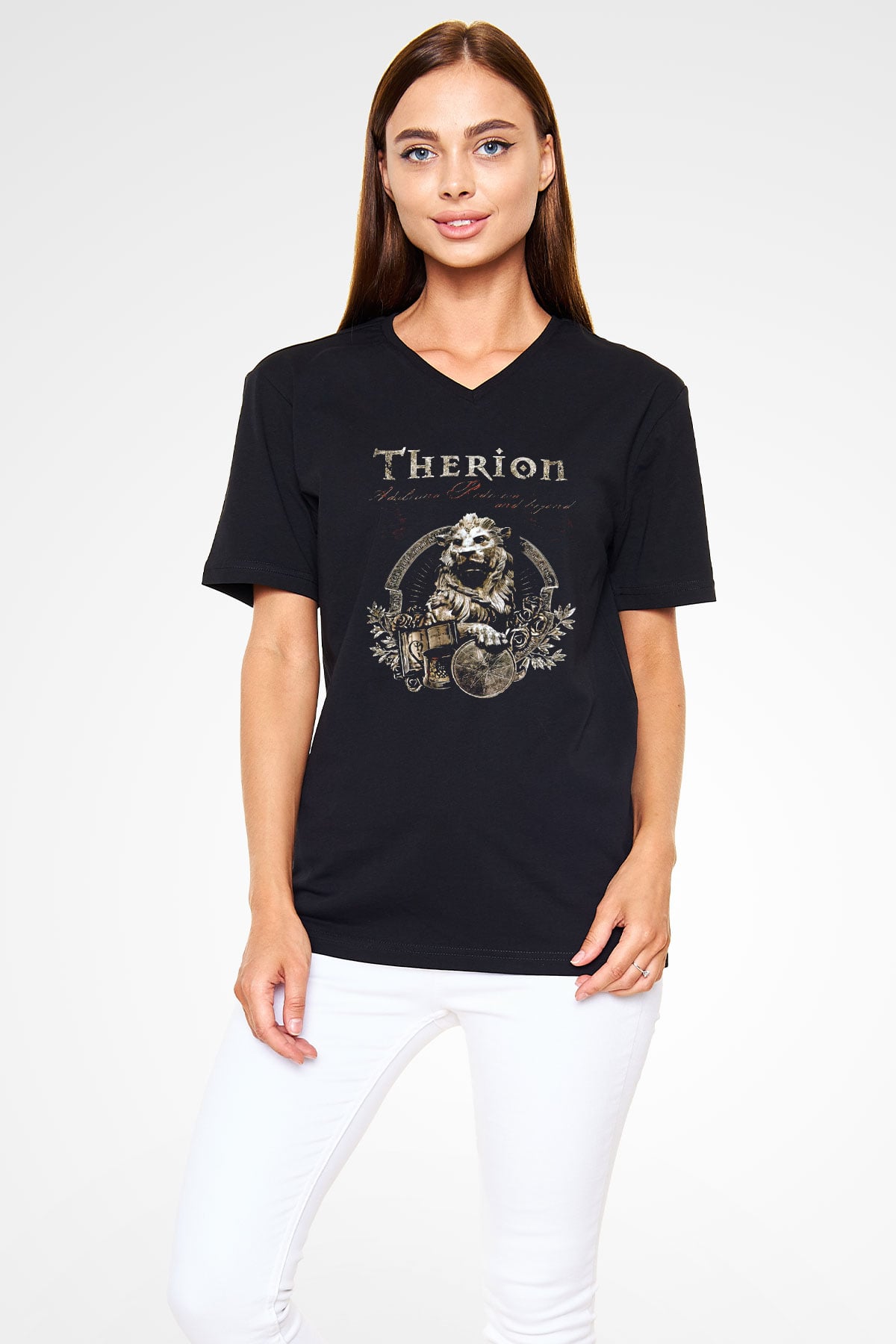 Therion Baskılı Unisex Siyah V Yaka Tişört - Tshirt