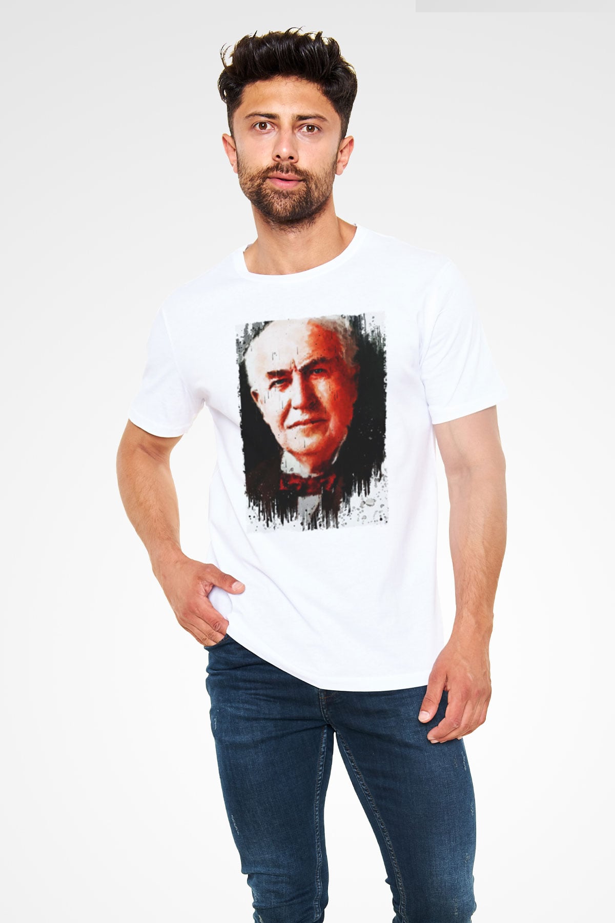 Thomas Alva Edison Baskılı Unisex Beyaz Tişört - Tshirt