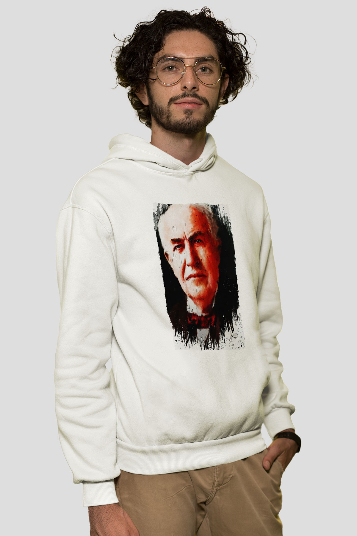 Thomas Alva Edison Baskılı Unisex Ekru Hoodie