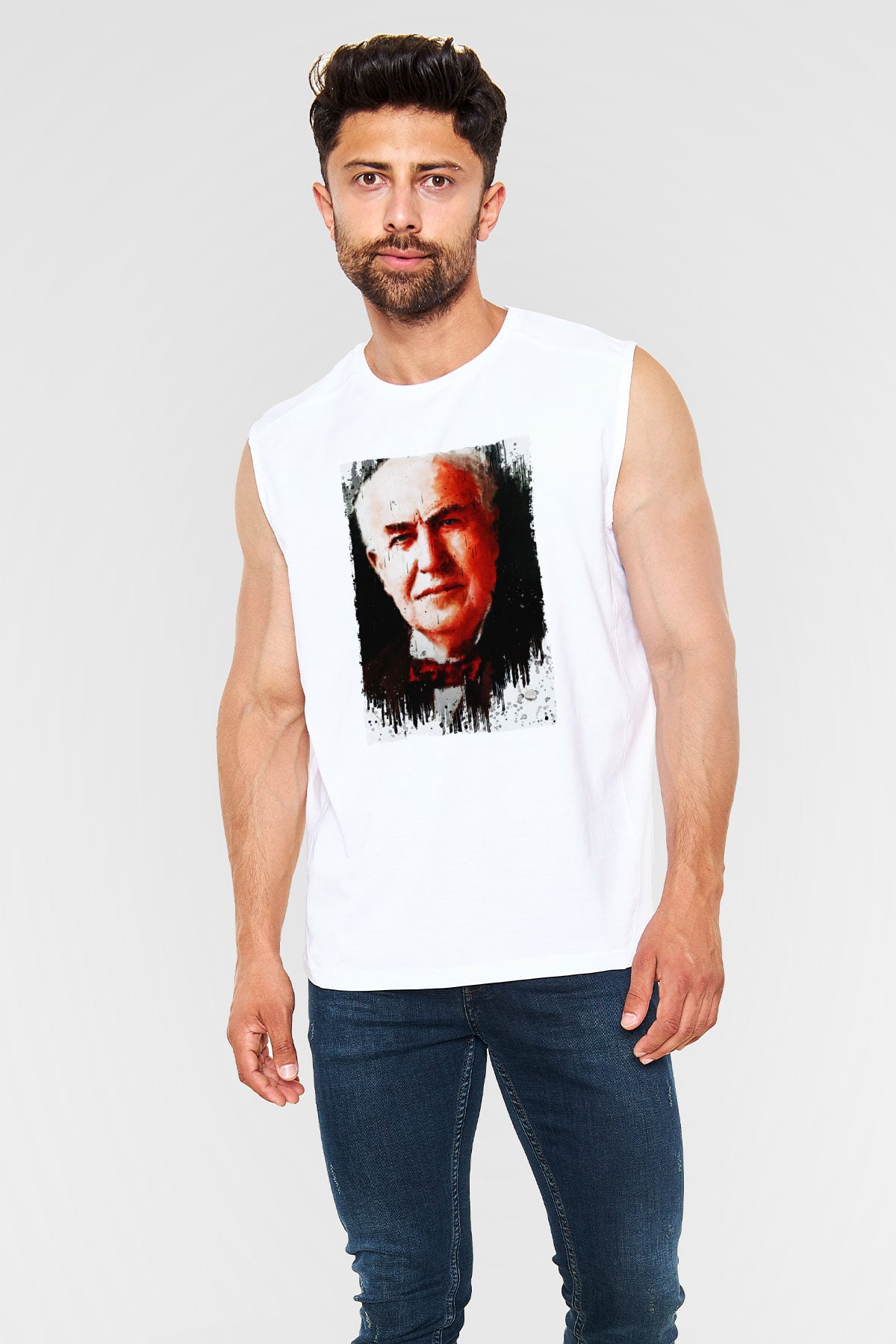Thomas Alva Edison Baskılı Unisex Kolsuz Beyaz Tişört - Tshirt