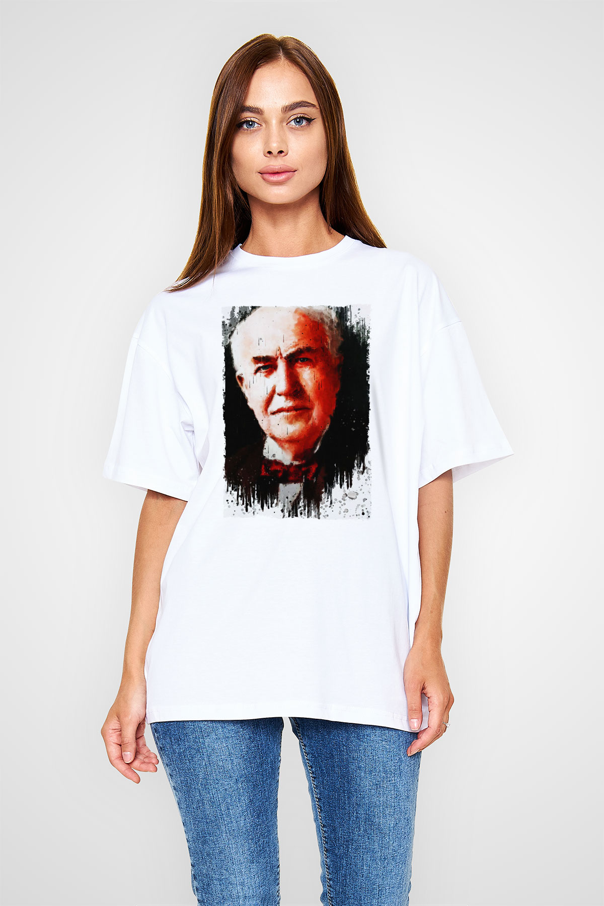 Thomas Alva Edison Baskılı Unisex Oversize Beyaz Tişört - Tshirt
