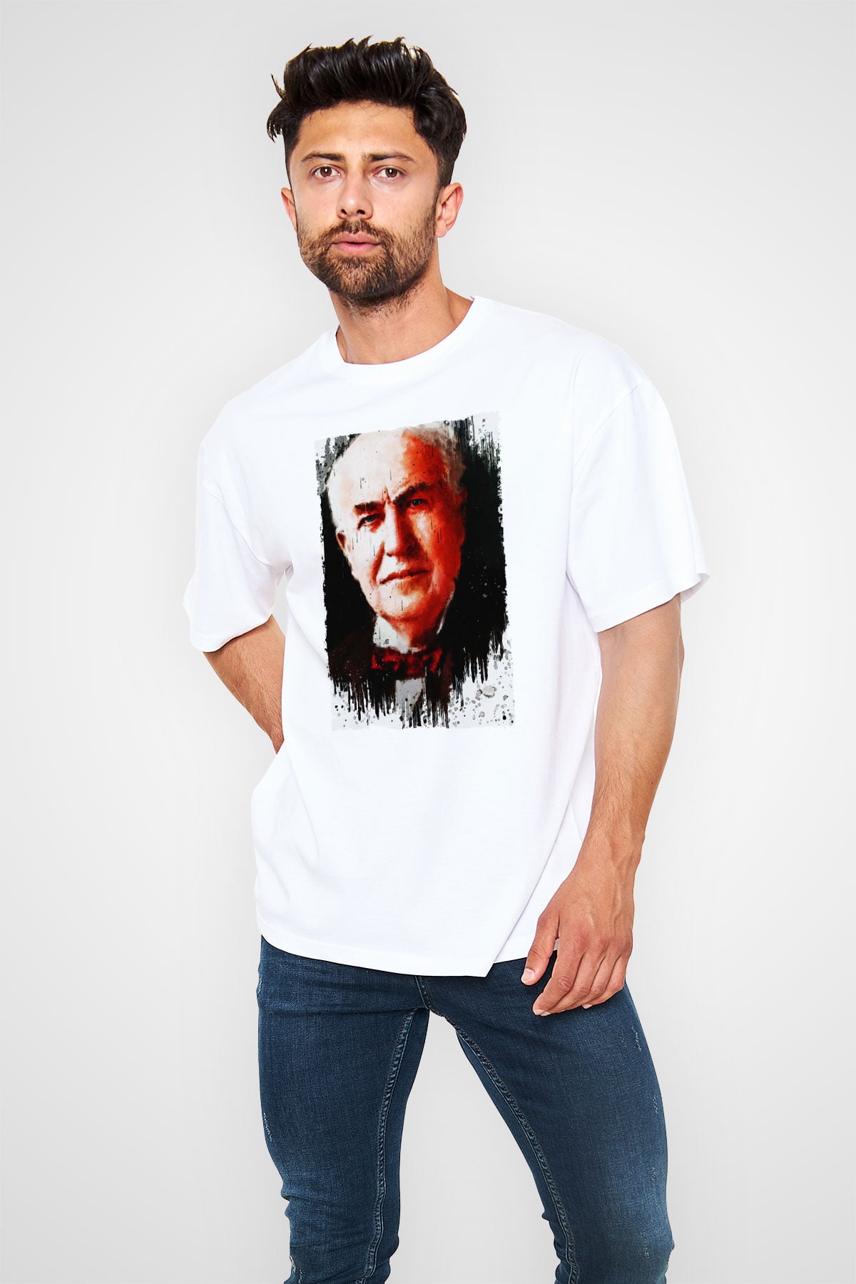 Thomas Alva Edison Baskılı Unisex Oversize Beyaz Tişört - Tshirt