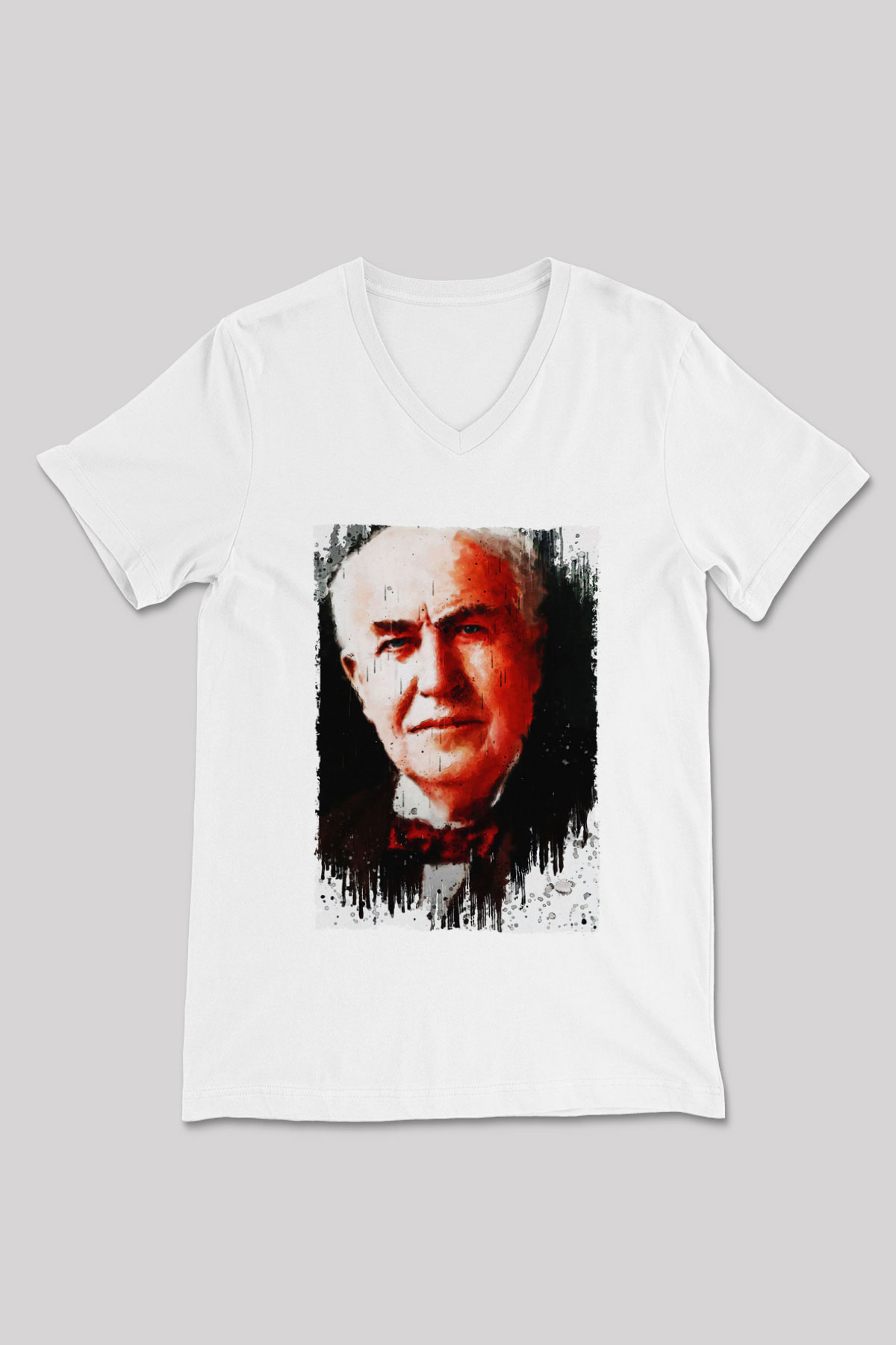 Thomas Alva Edison Baskılı Unisex V Yaka Beyaz Tişört - Tshirt
