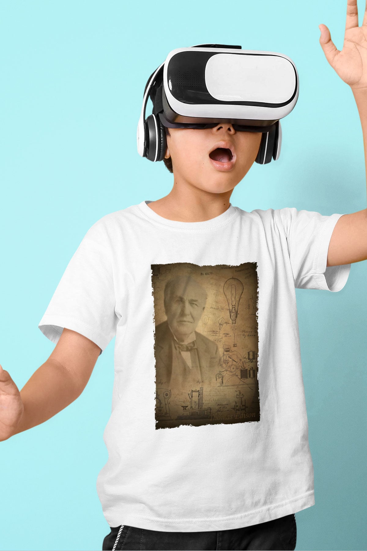 Thomas Edison Baskılı Unisex Beyaz Çocuk Tişörtü - Tshirt