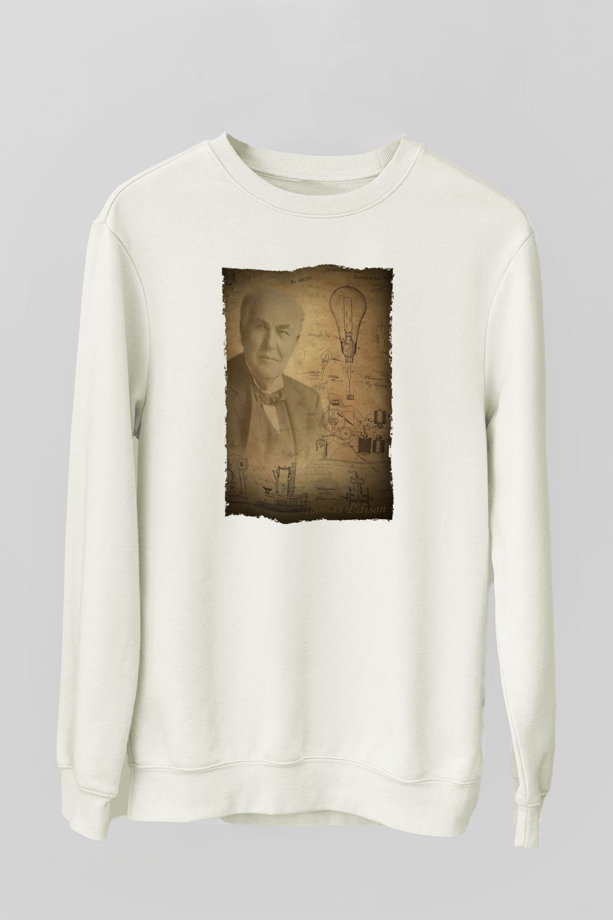 Thomas Edison Baskılı Unisex Ekru Sweatshirt