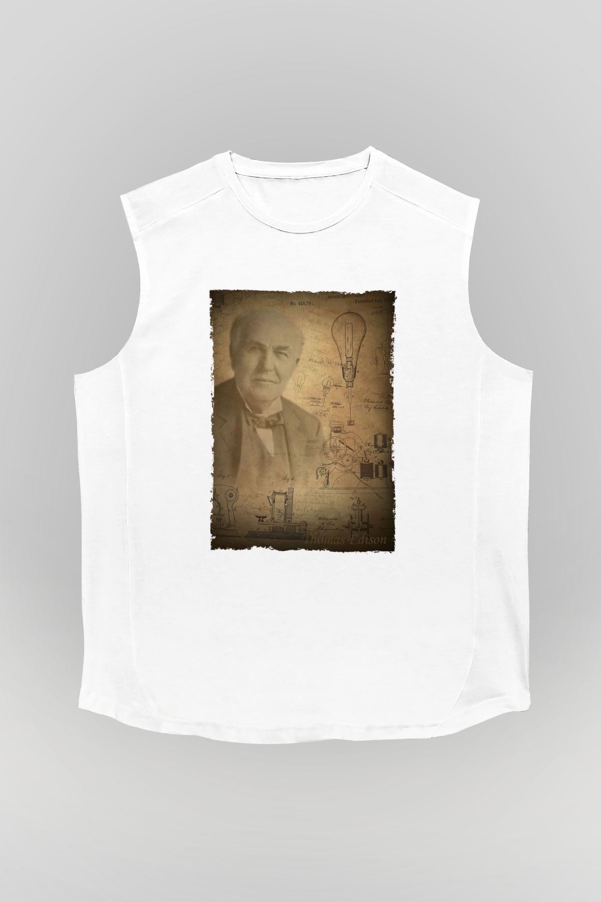 Thomas Edison Baskılı Unisex Kolsuz Beyaz Tişört - Tshirt
