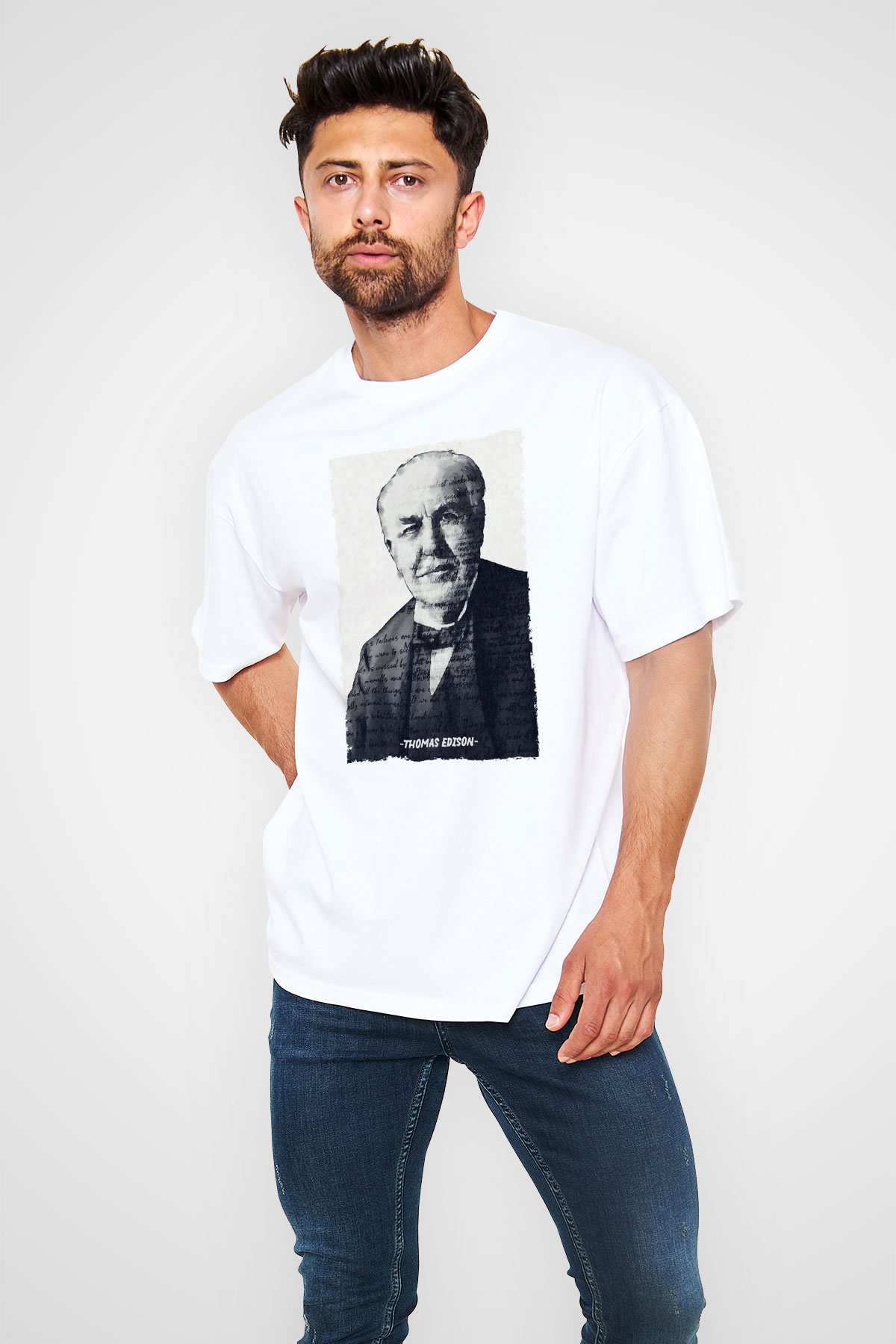 Thomas Edison Renkli Portre Baskılı Unisex Oversize Beyaz Tişört - Tshirt