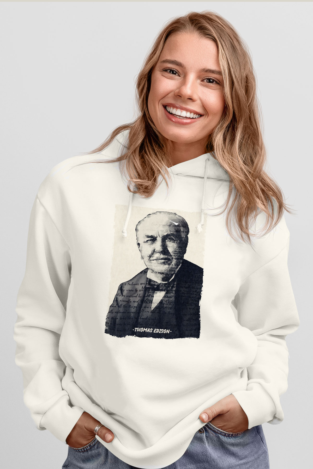 Thomas Edison Renkli Portre Baskılı Unisex Ekru Hoodie