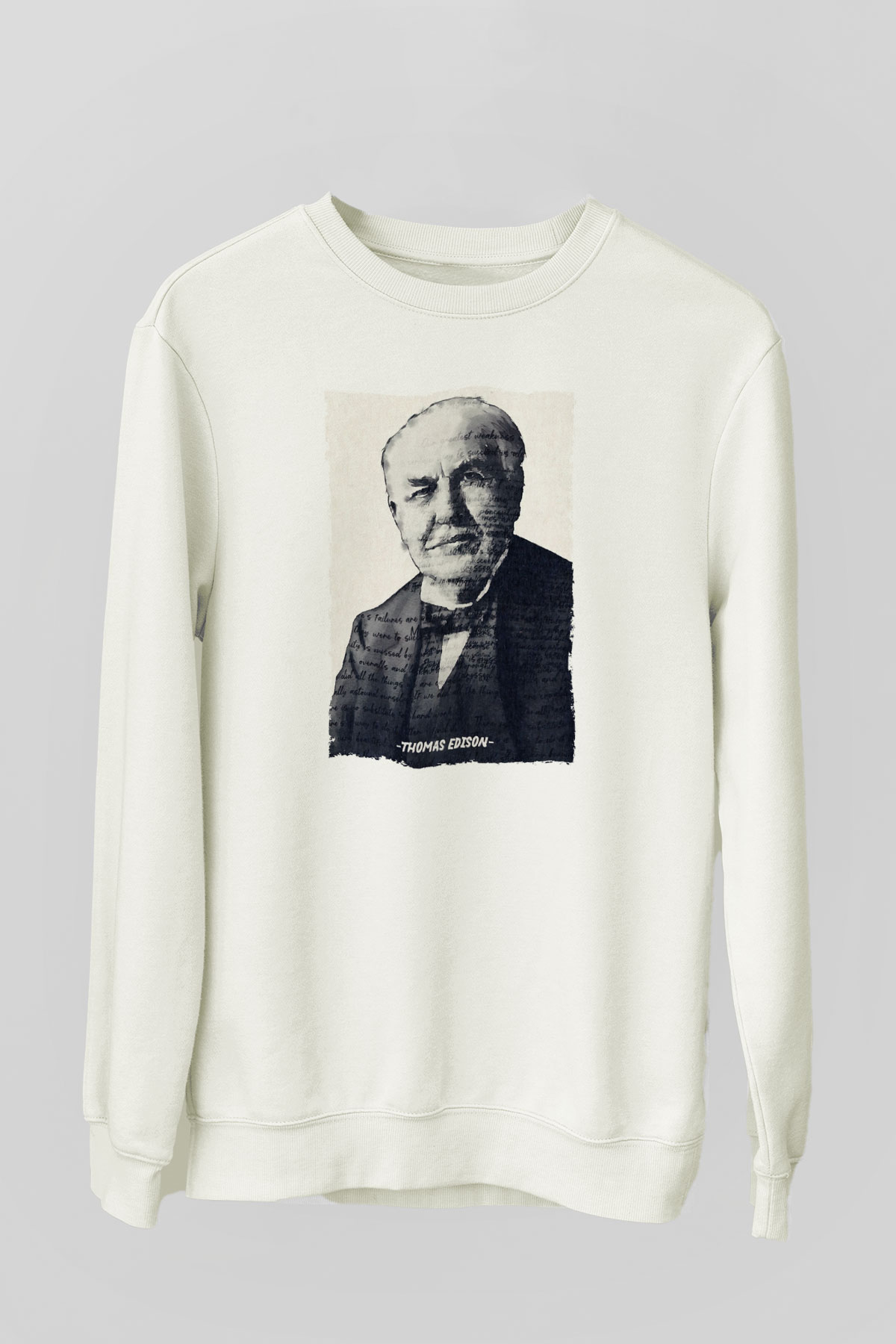 Thomas Edison Renkli Portre Baskılı Unisex Ekru Sweatshirt