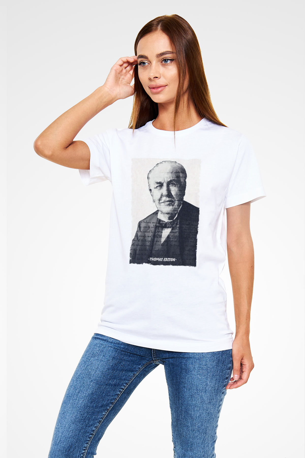 Thomas Edison Renkli Portre Baskılı Unisex Beyaz Tişört - Tshirt