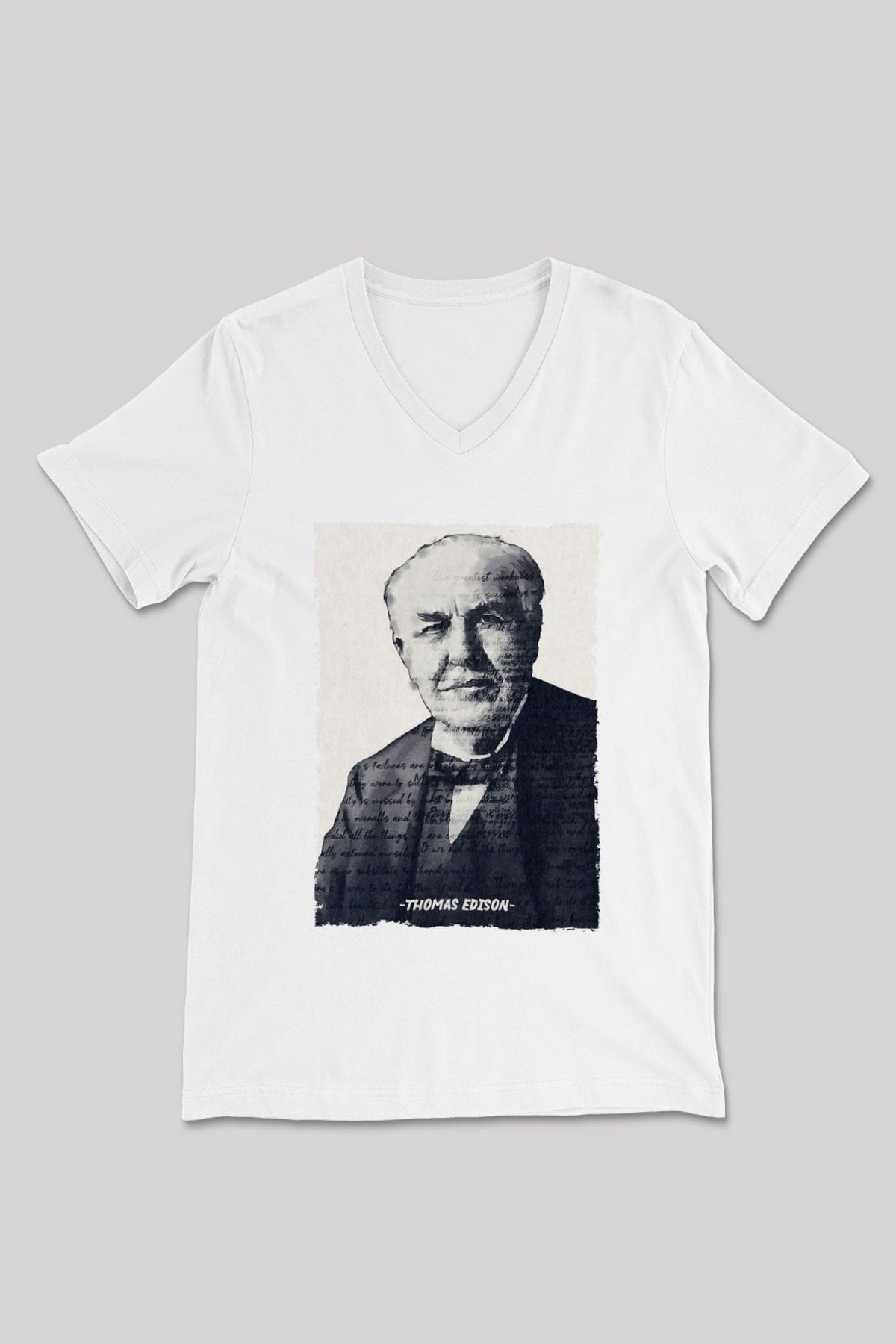 Thomas Edison Renkli Portre Baskılı Unisex V Yaka Beyaz Tişört - Tshirt