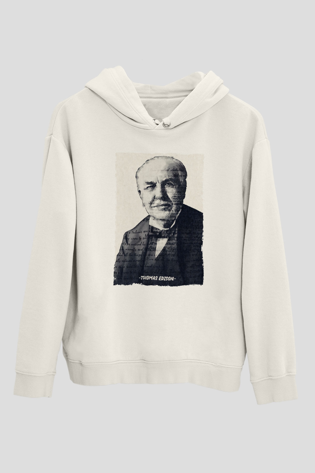 Thomas Edison Renkli Portre Baskılı Unisex Ekru Hoodie