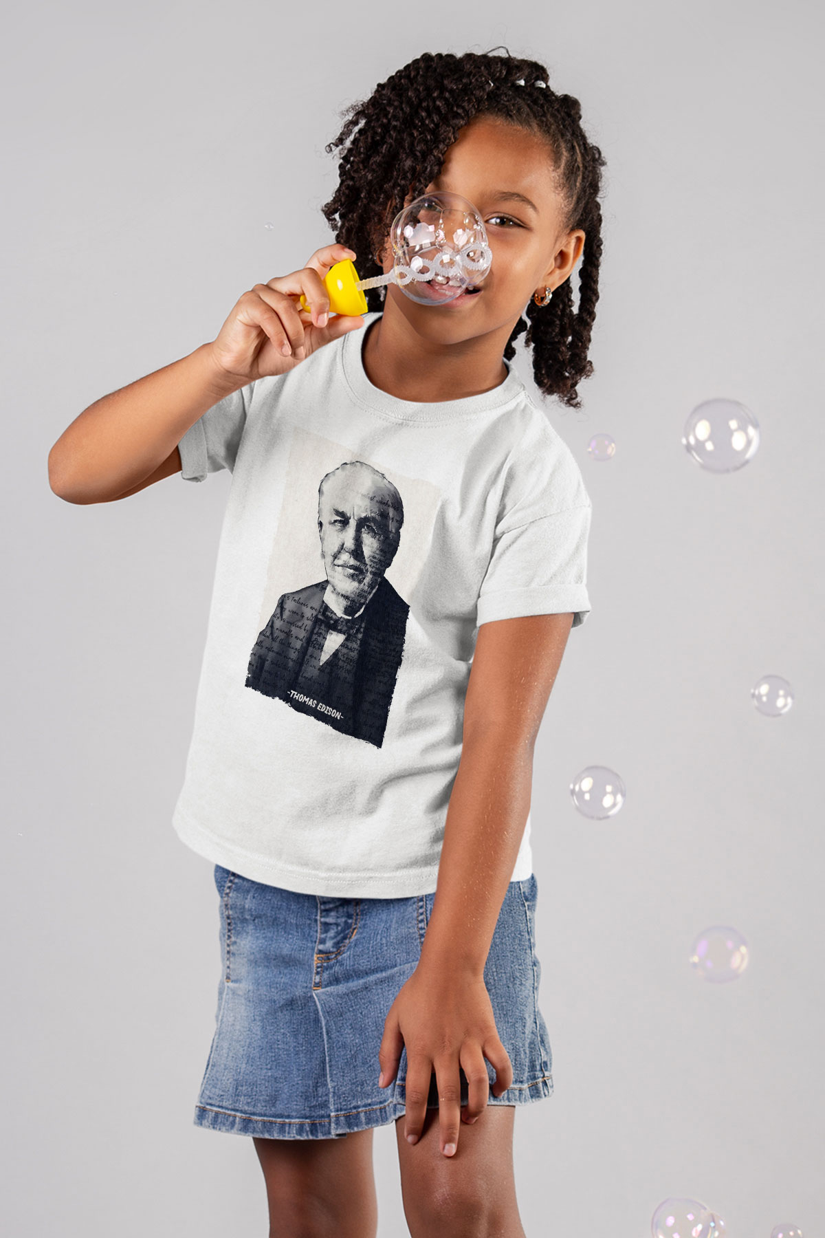 Thomas Edison Renkli Portre Baskılı Unisex Beyaz Çocuk Tişörtü - Tshirt