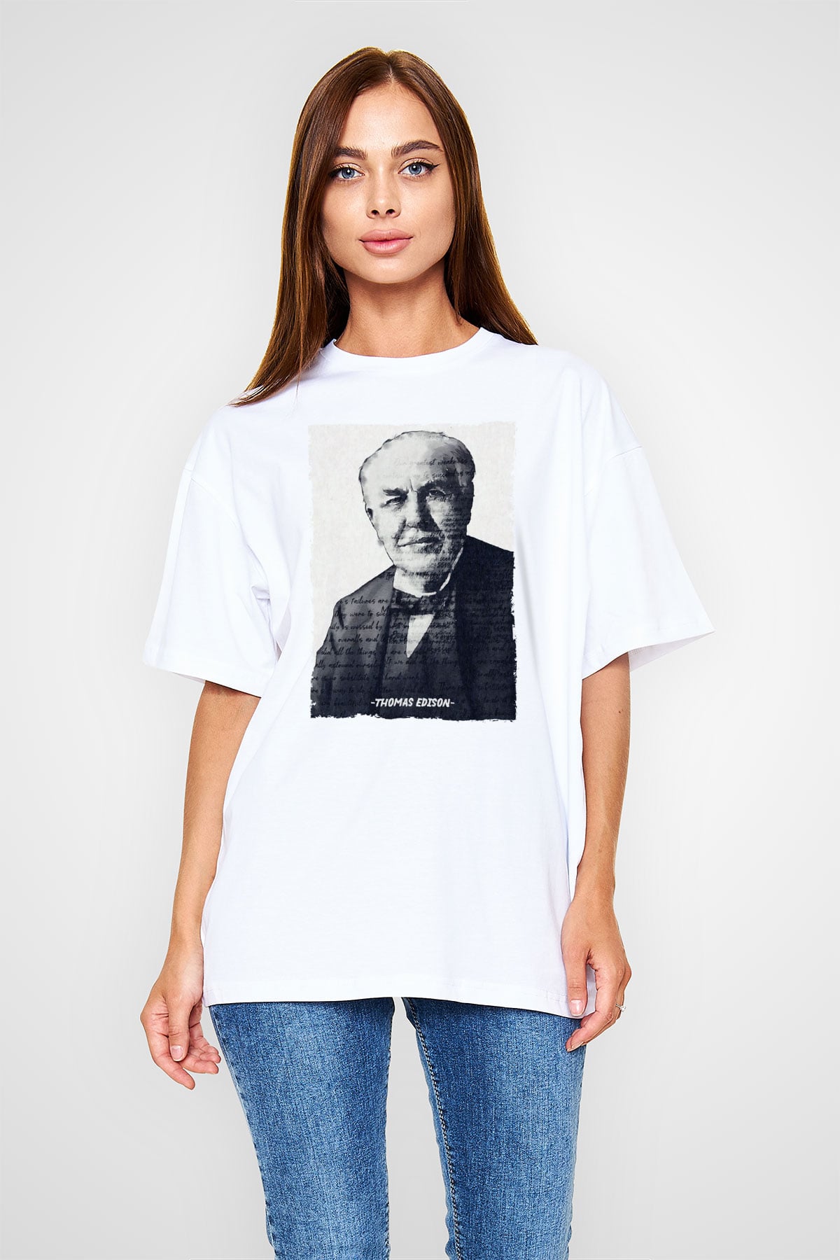 Thomas Edison Renkli Portre Baskılı Unisex Oversize Beyaz Tişört - Tshirt