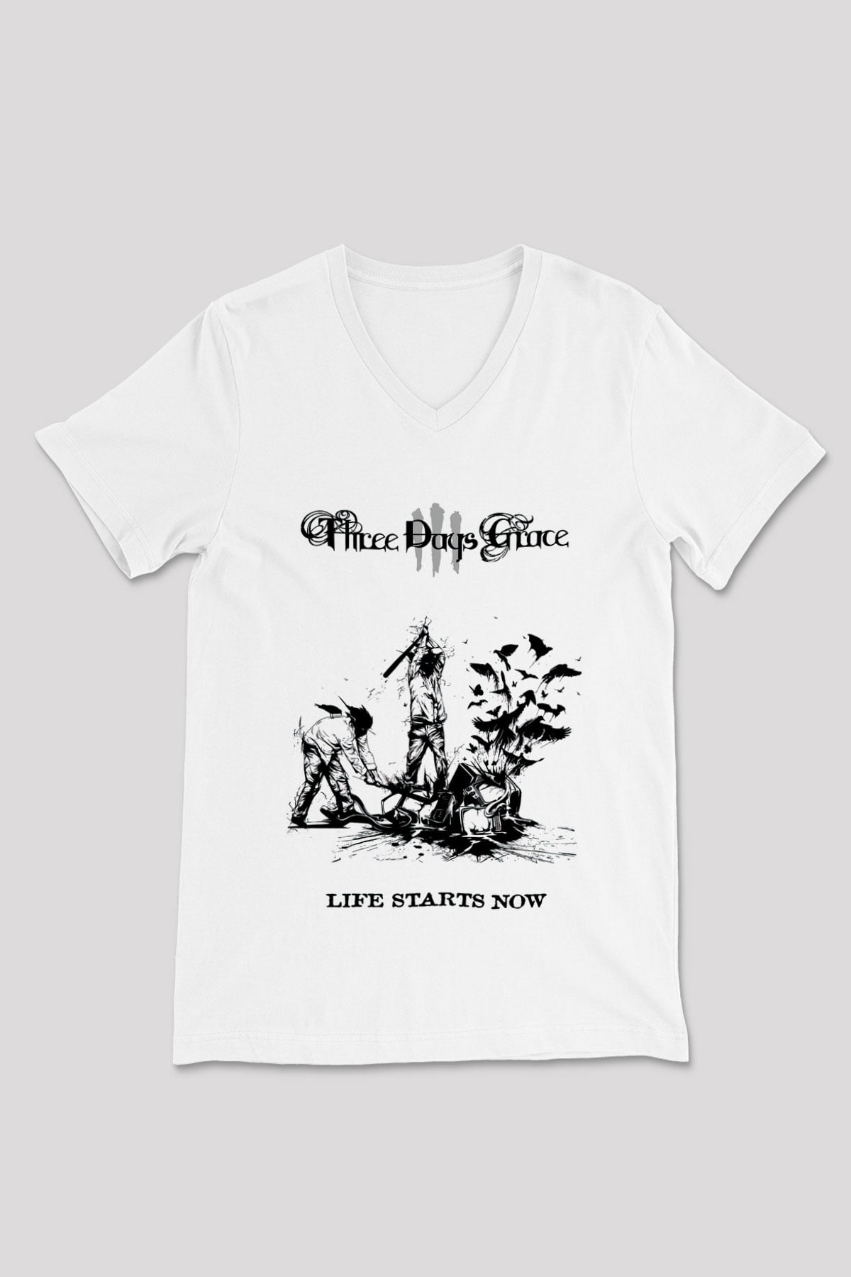 Three Days Grace Beyaz Unisex V Yaka Tişört T-Shirt
