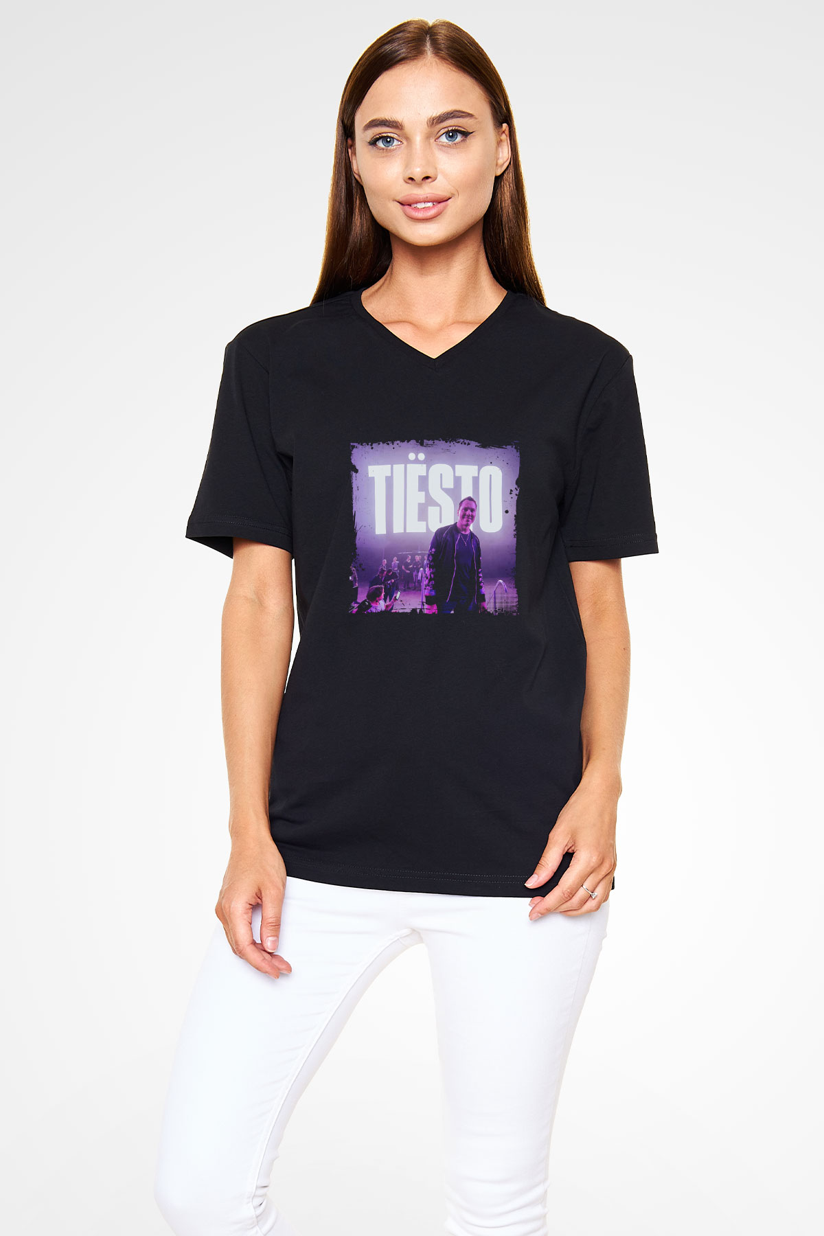 Tiesto Baskılı Unisex Siyah V Yaka Tişört