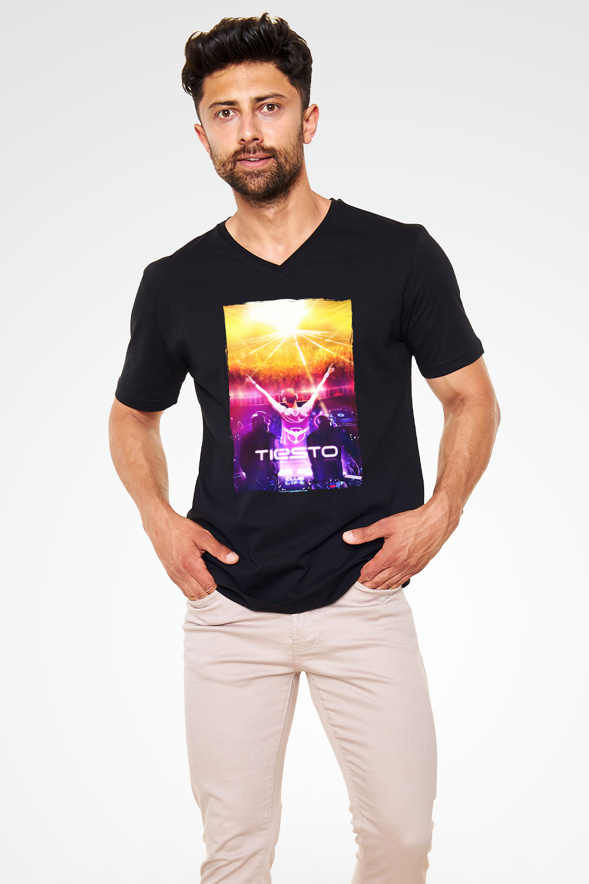 Tiesto Siyah Unisex V Yaka Tişört