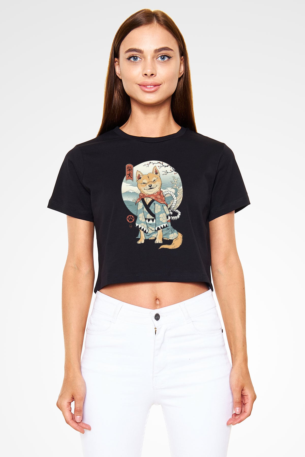 Tilki Baskılı  Siyah  Crop Top Tişört