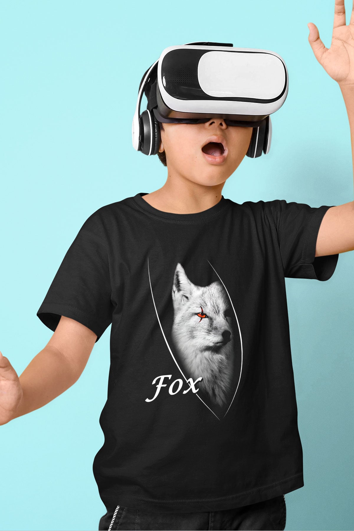 Tilki Baskılı Siyah Unisex Çocuk Tişört