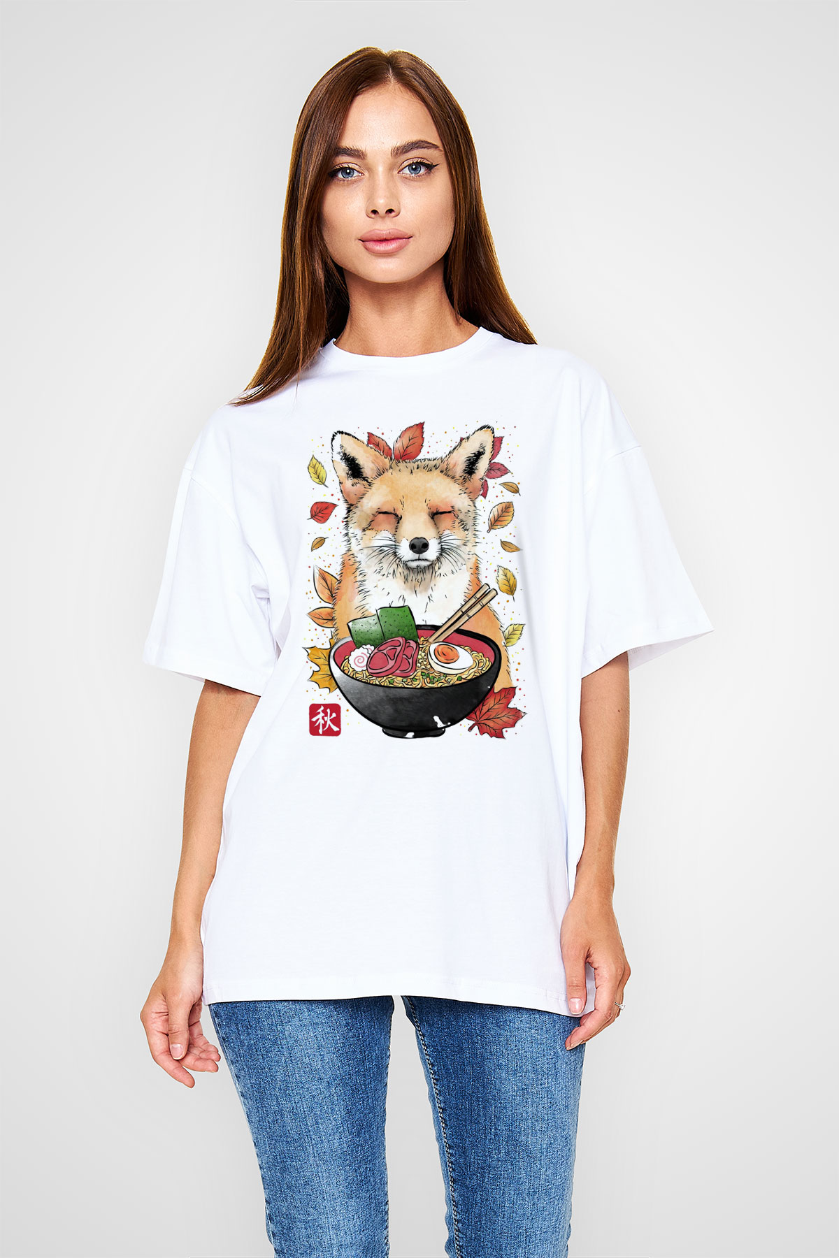Tilki Baskılı Unisex Beyaz Tişört