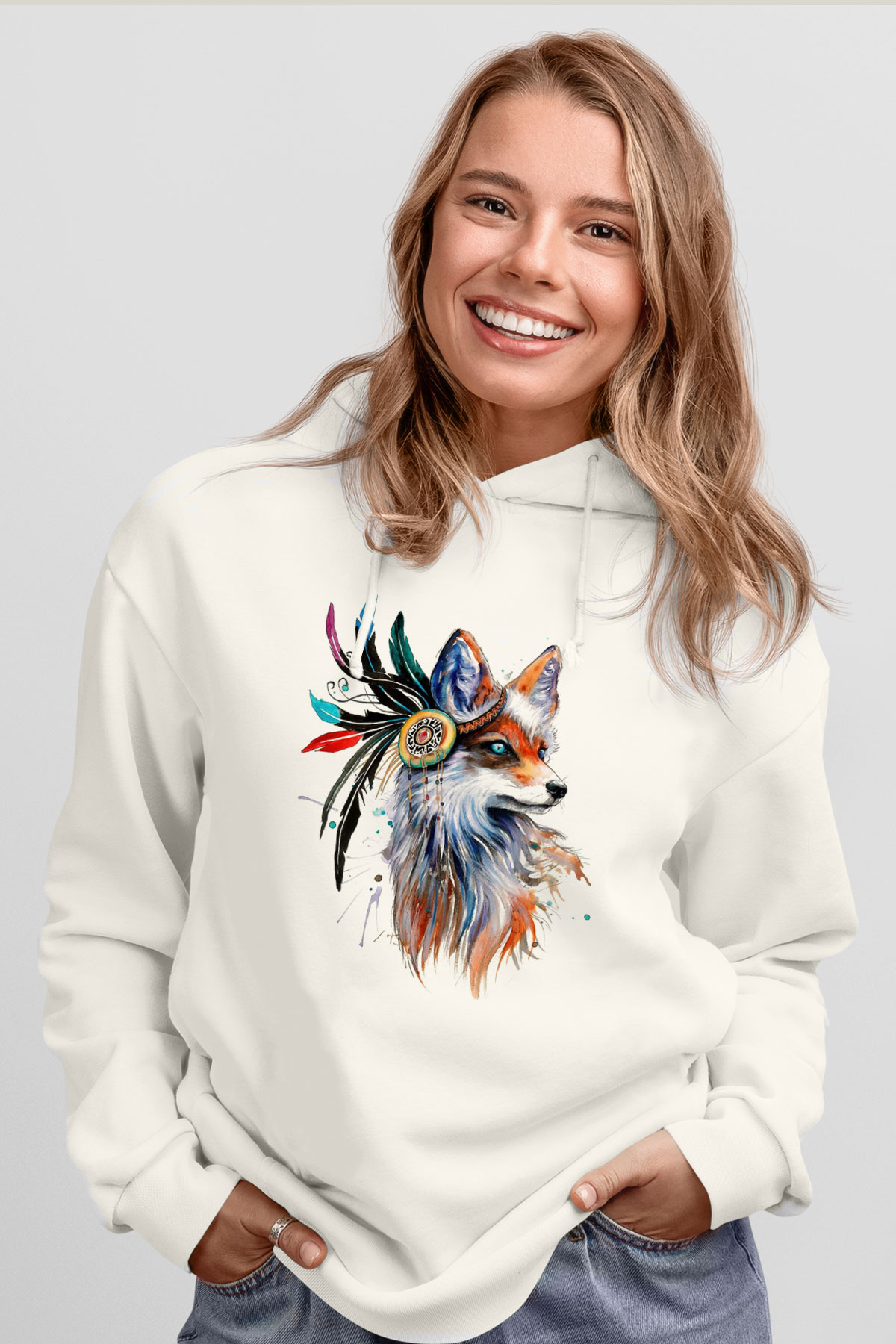Tilki Beyaz Unisex Kapşonlu Sweatshirt