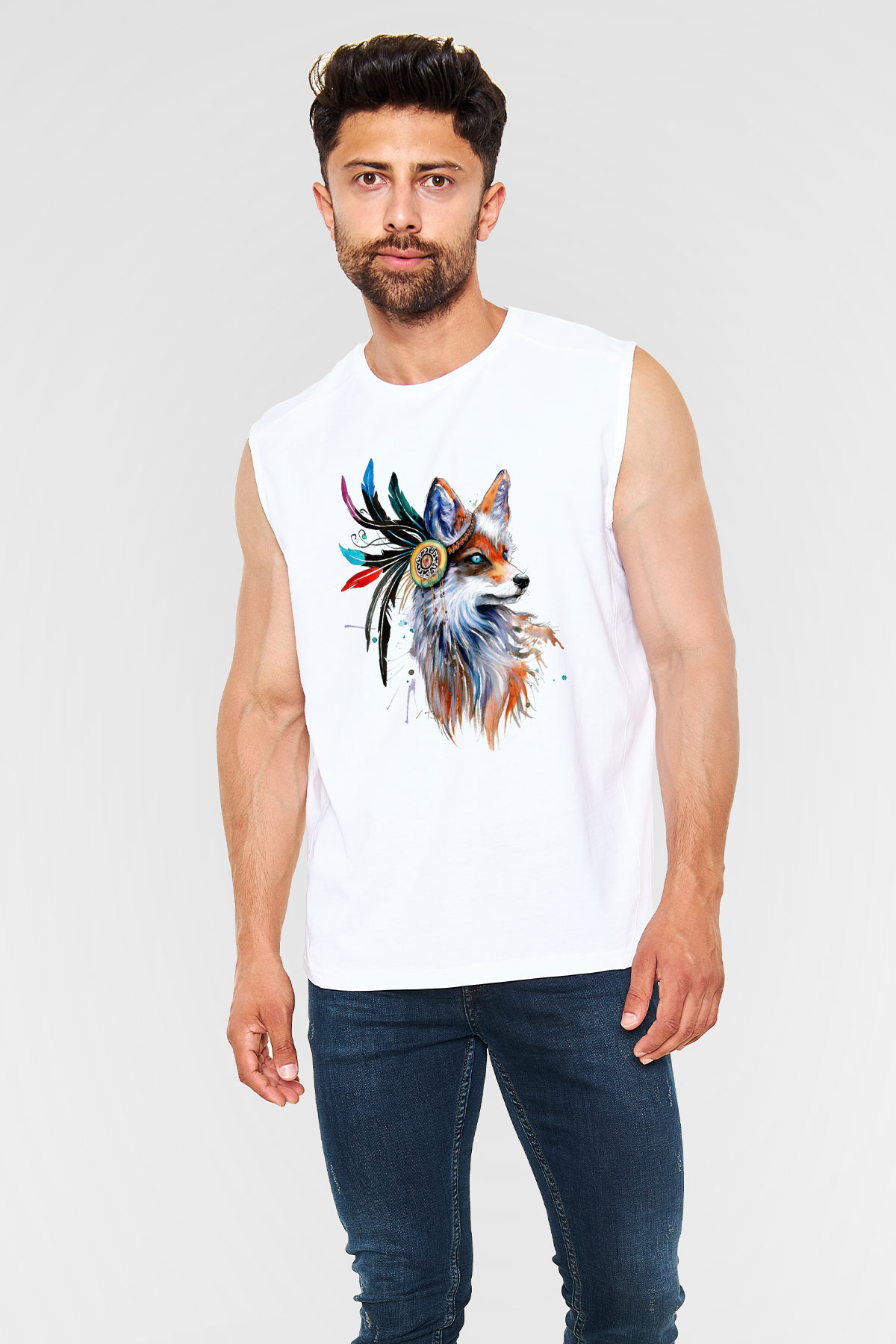 Tilki Beyaz Unisex Kolsuz Tişört