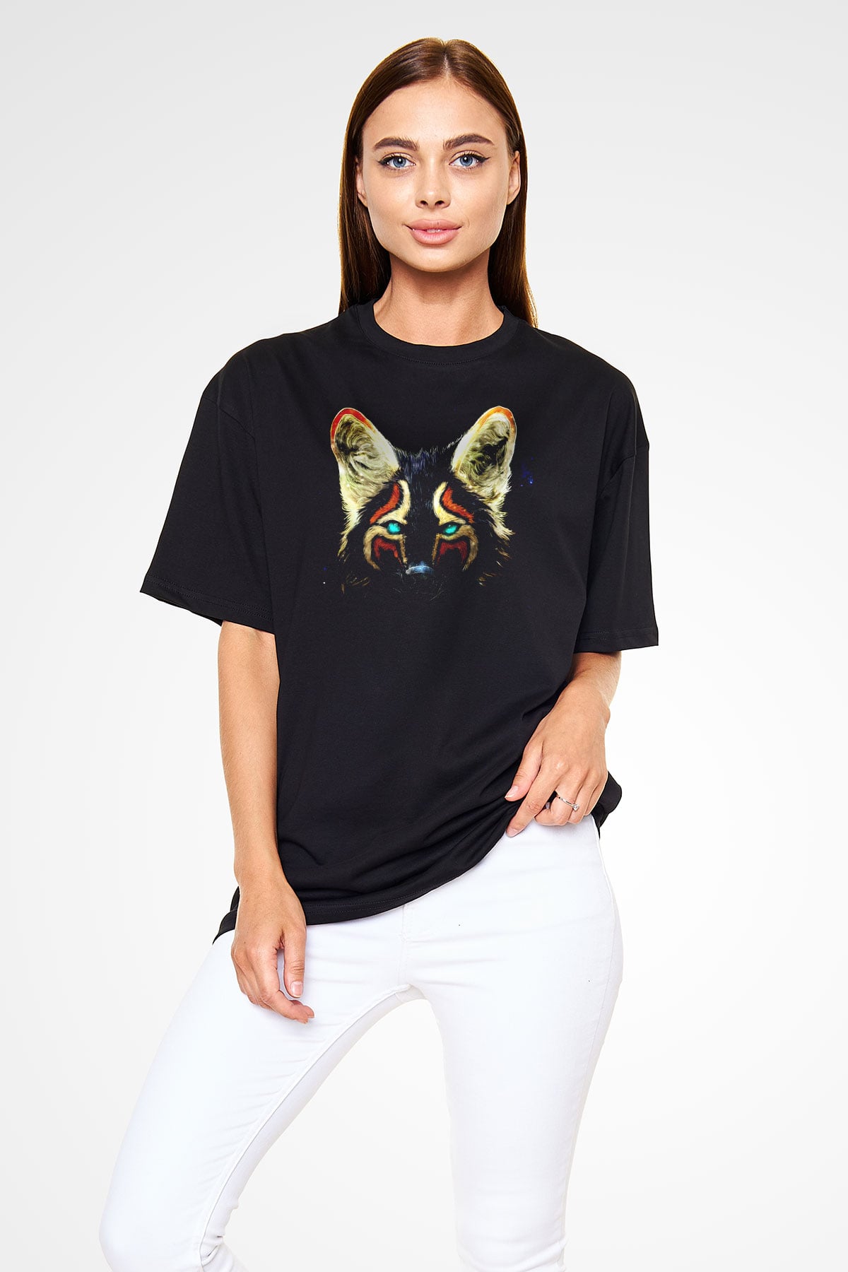 Tilki Siyah Unisex Oversize Tişört T-Shirt