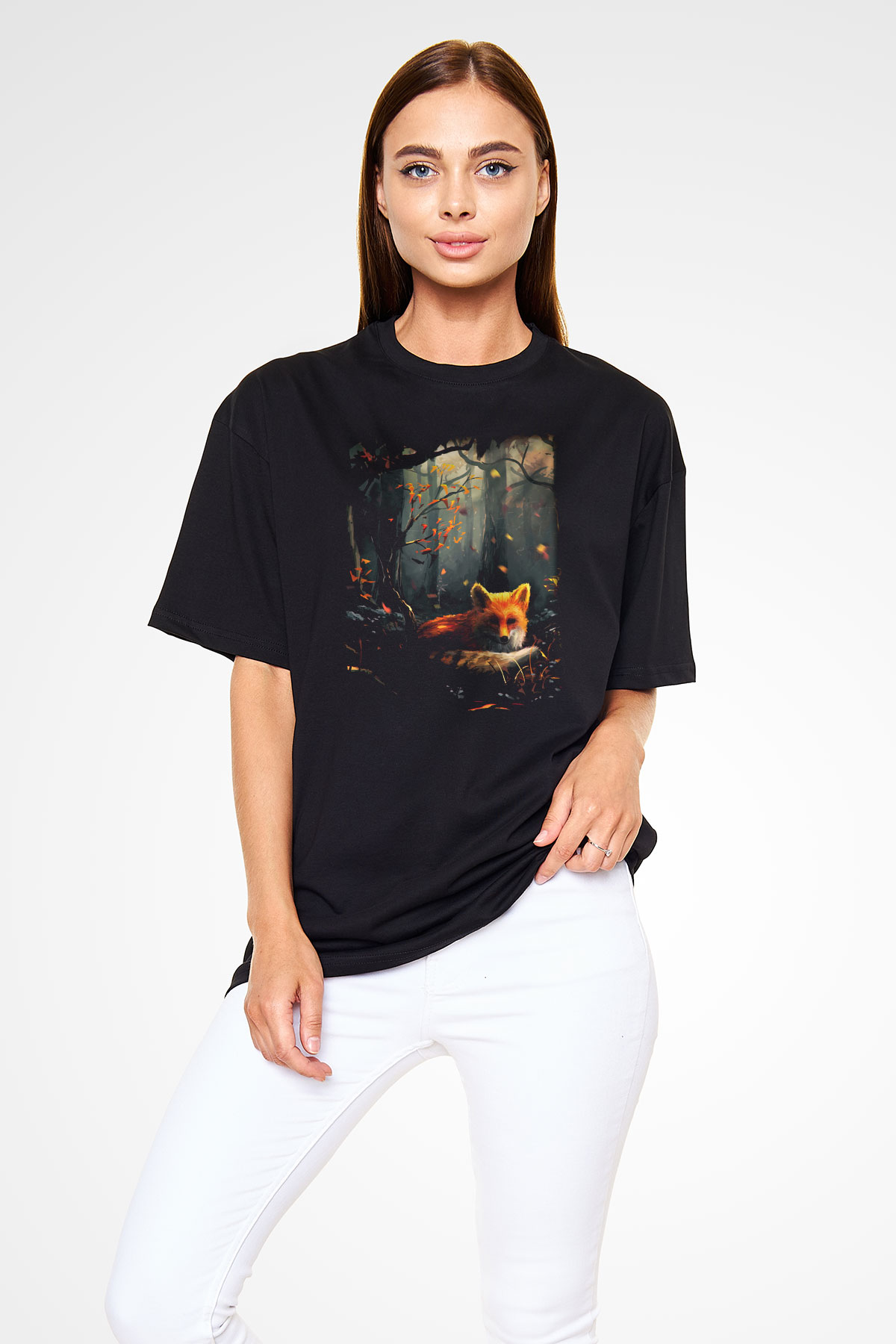 Tilki Siyah Unisex Oversize Tişört T-Shirt