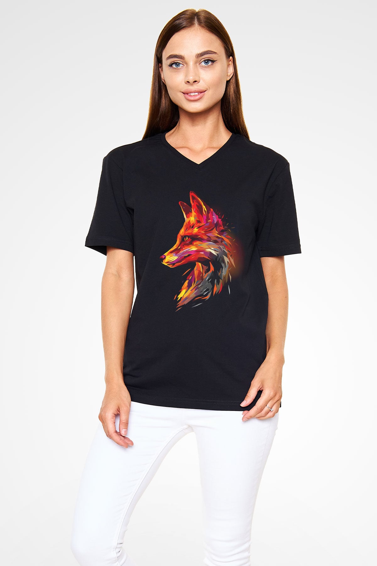 Tilki Siyah Unisex V Yaka Tişört
