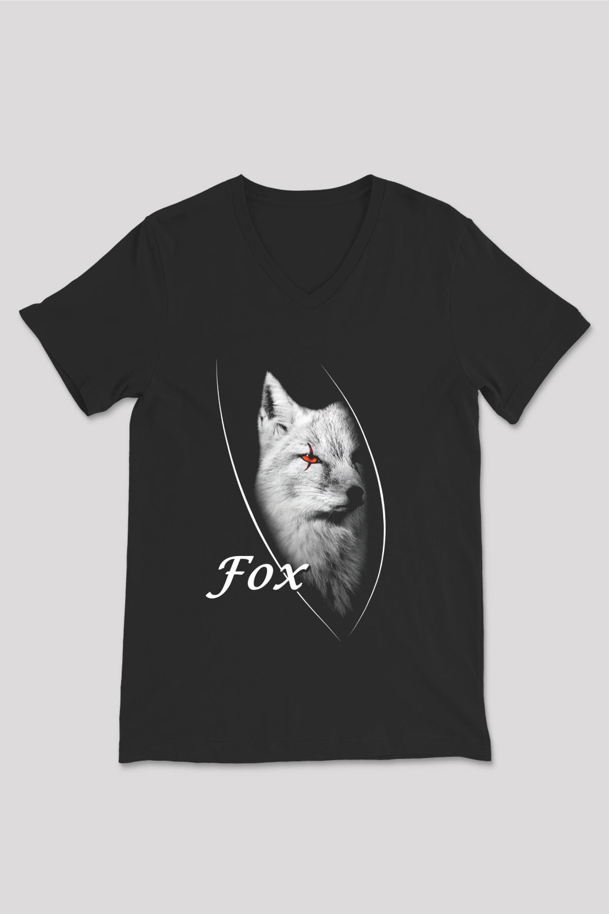 Tilki Siyah Unisex V Yaka Tişört T-Shirt