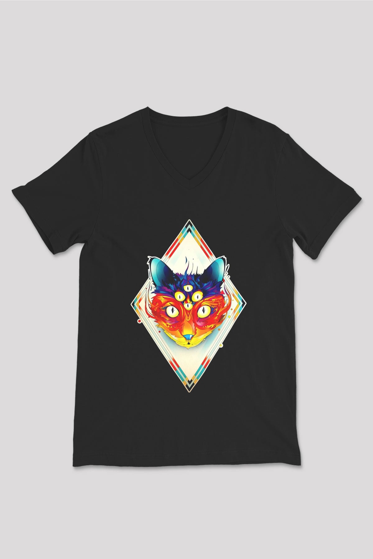 Tilki Siyah Unisex V Yaka Tişört T-Shirt