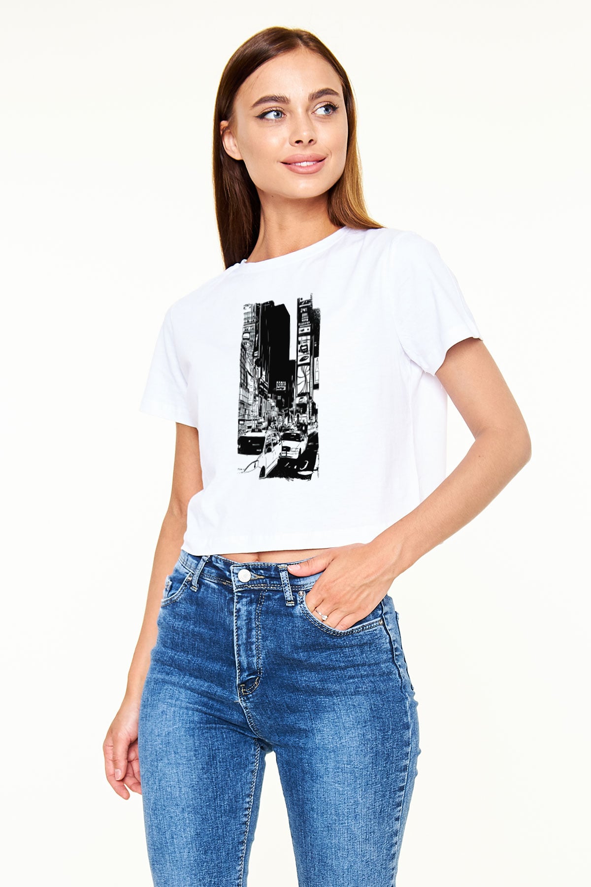 Times Square Beyaz  Crop Top Tişört