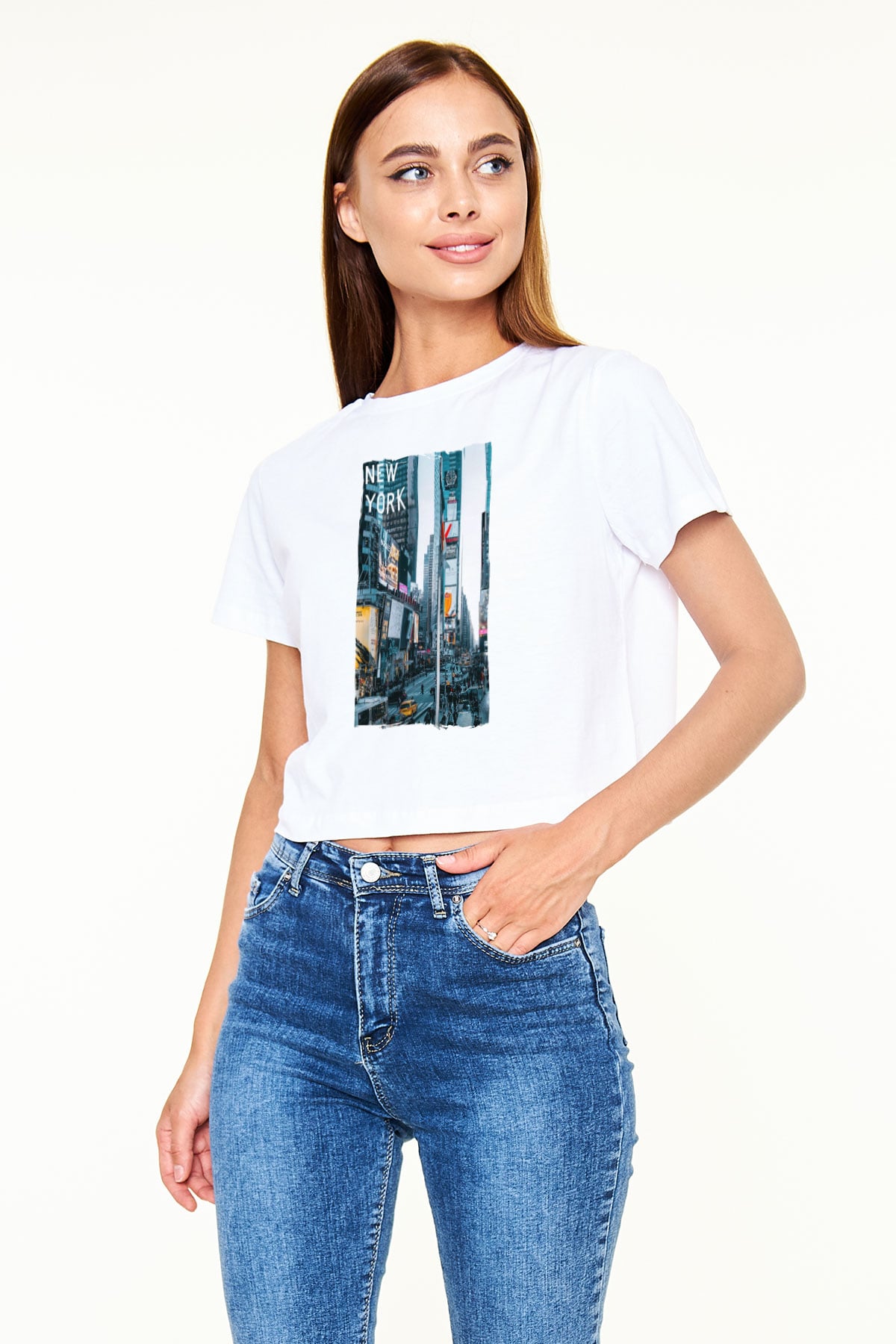 Times Square Beyaz  Crop Top Tişört
