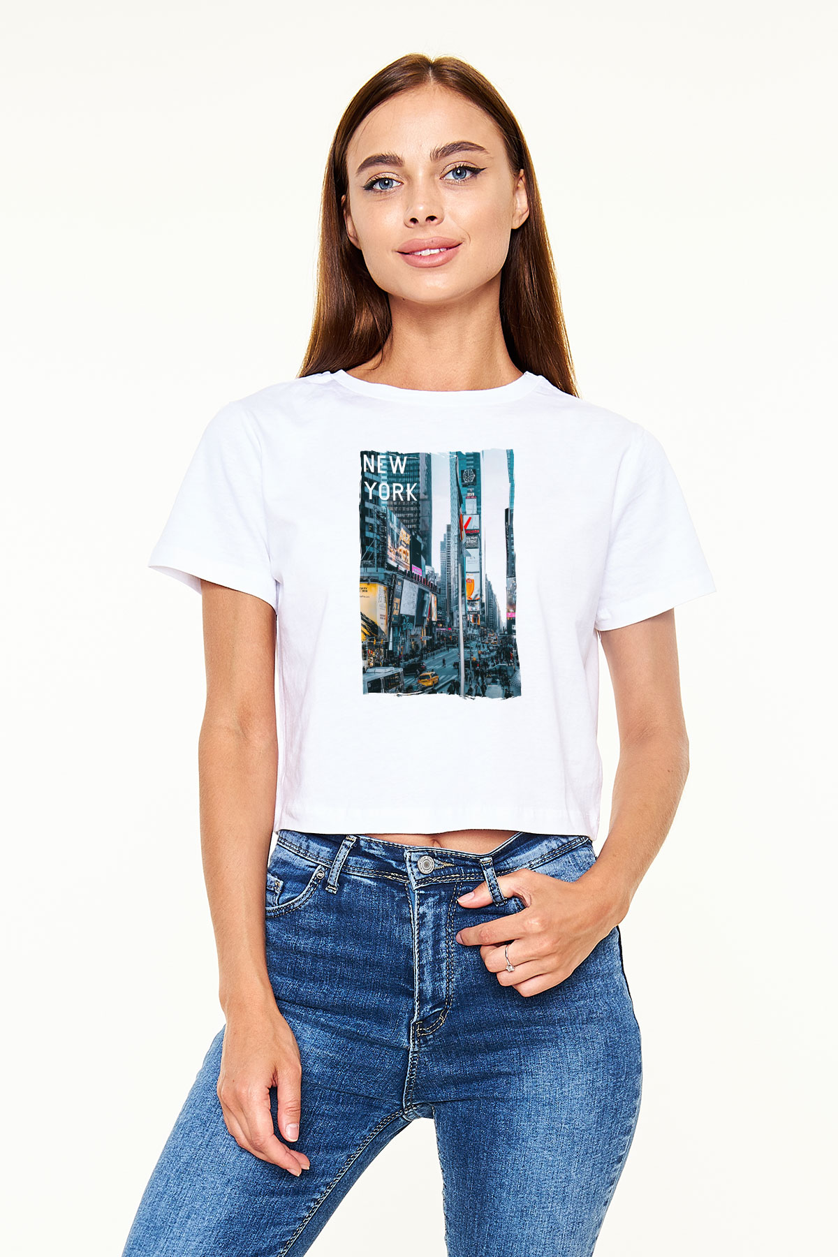 Times Square Beyaz  Crop Top Tişört