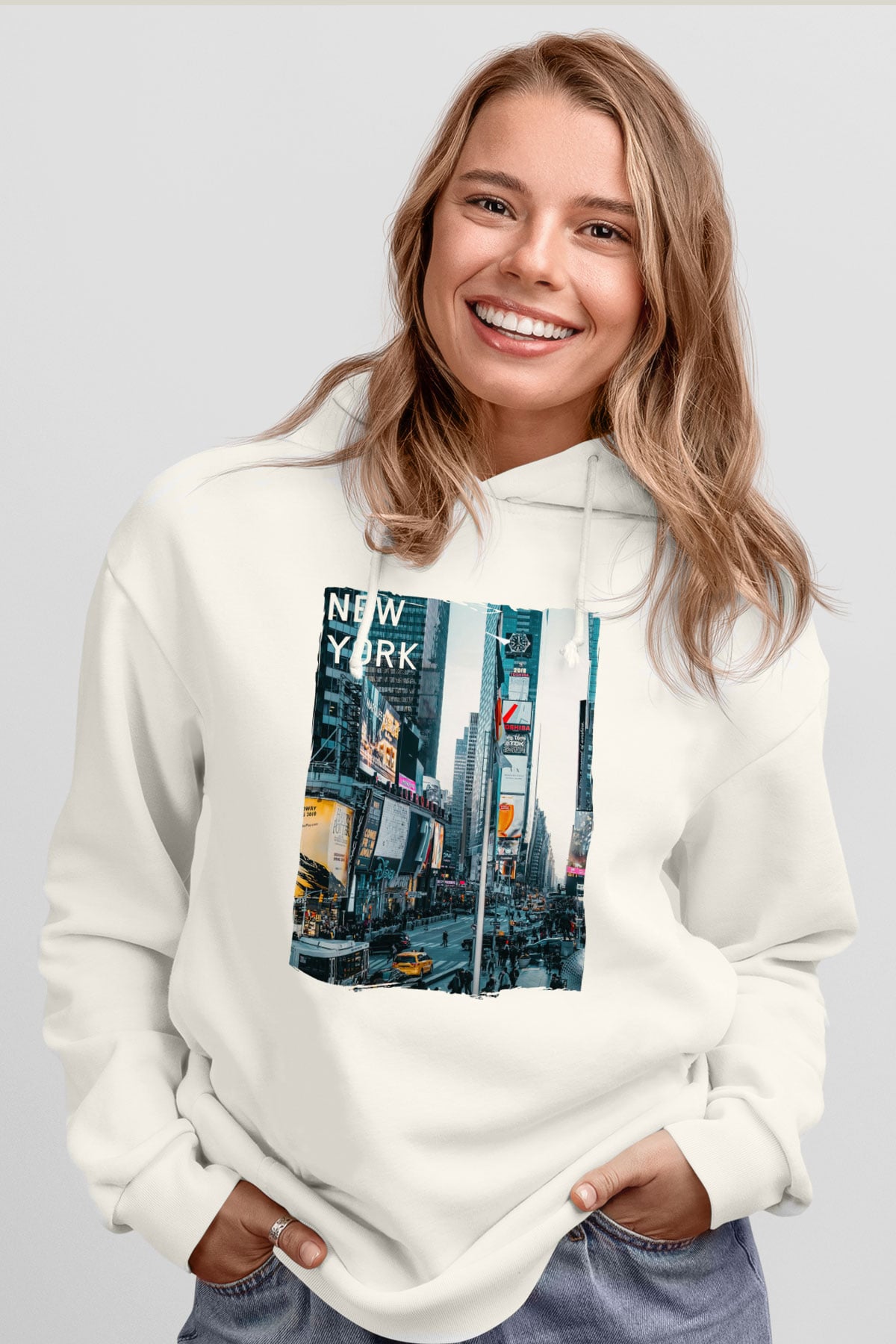 Times Square Beyaz Unisex Hoodie