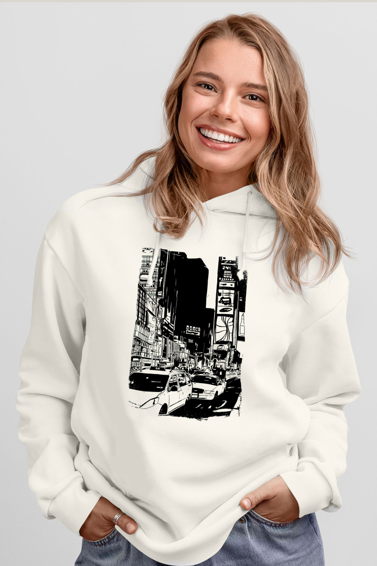 Times Square Beyaz Unisex Hoodie