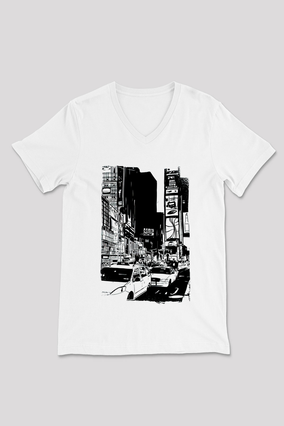 Times Square Beyaz Unisex V Yaka Tişört