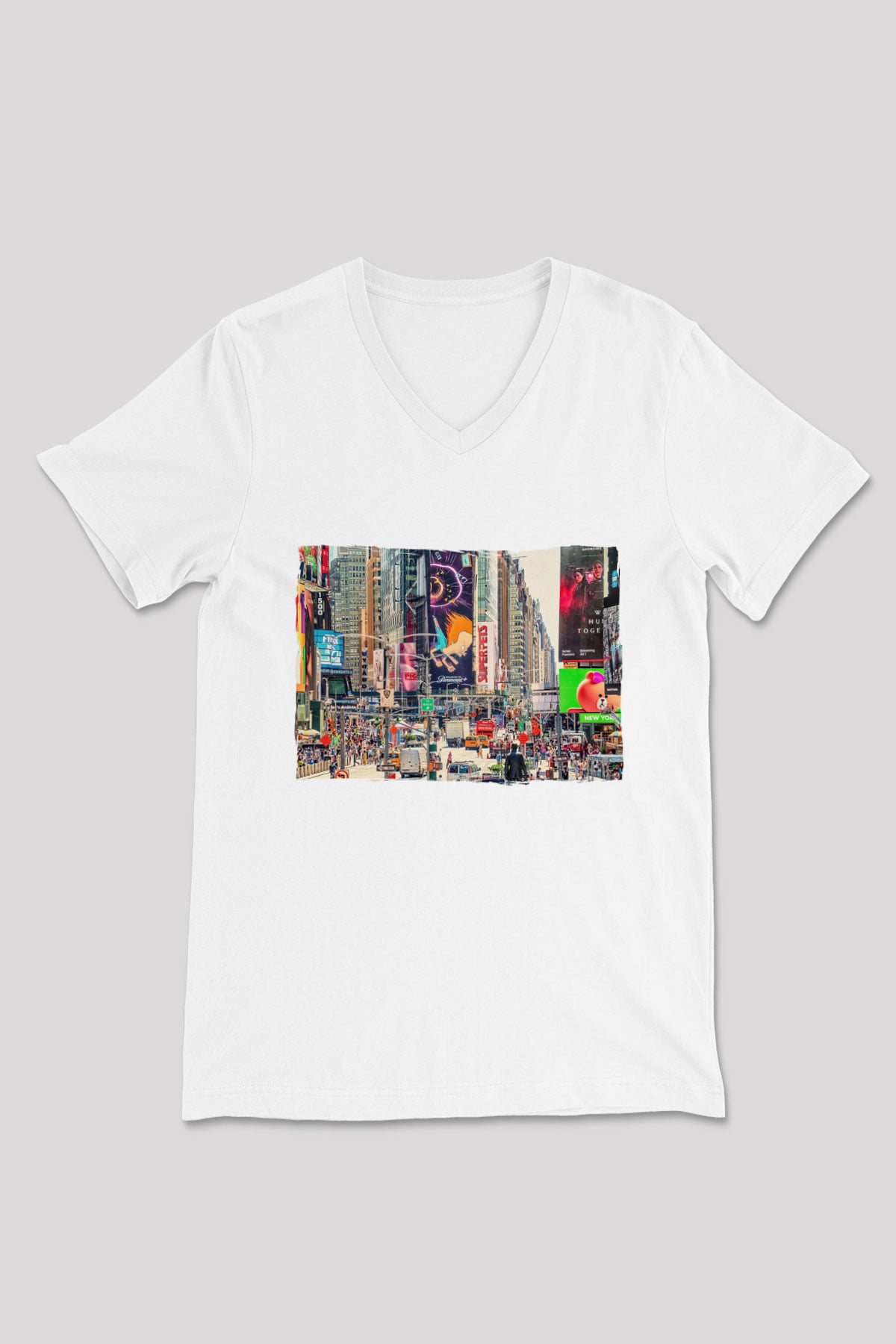Times Square Beyaz Unisex V Yaka Tişört