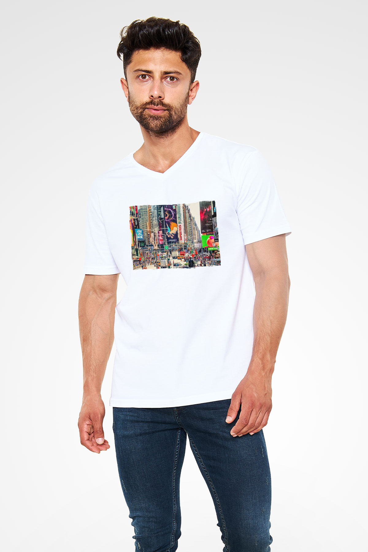 Times Square Beyaz Unisex V Yaka Tişört