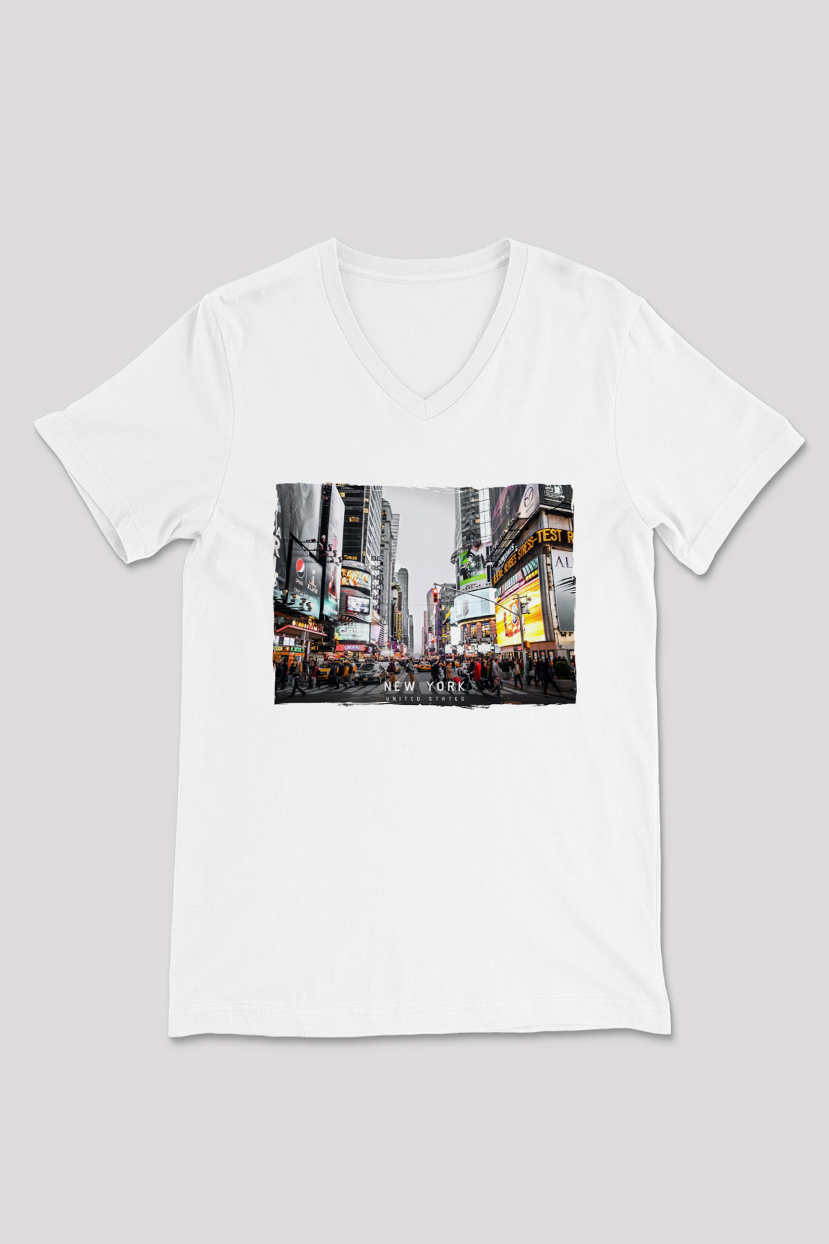 Times Square Beyaz Unisex V Yaka Tişört