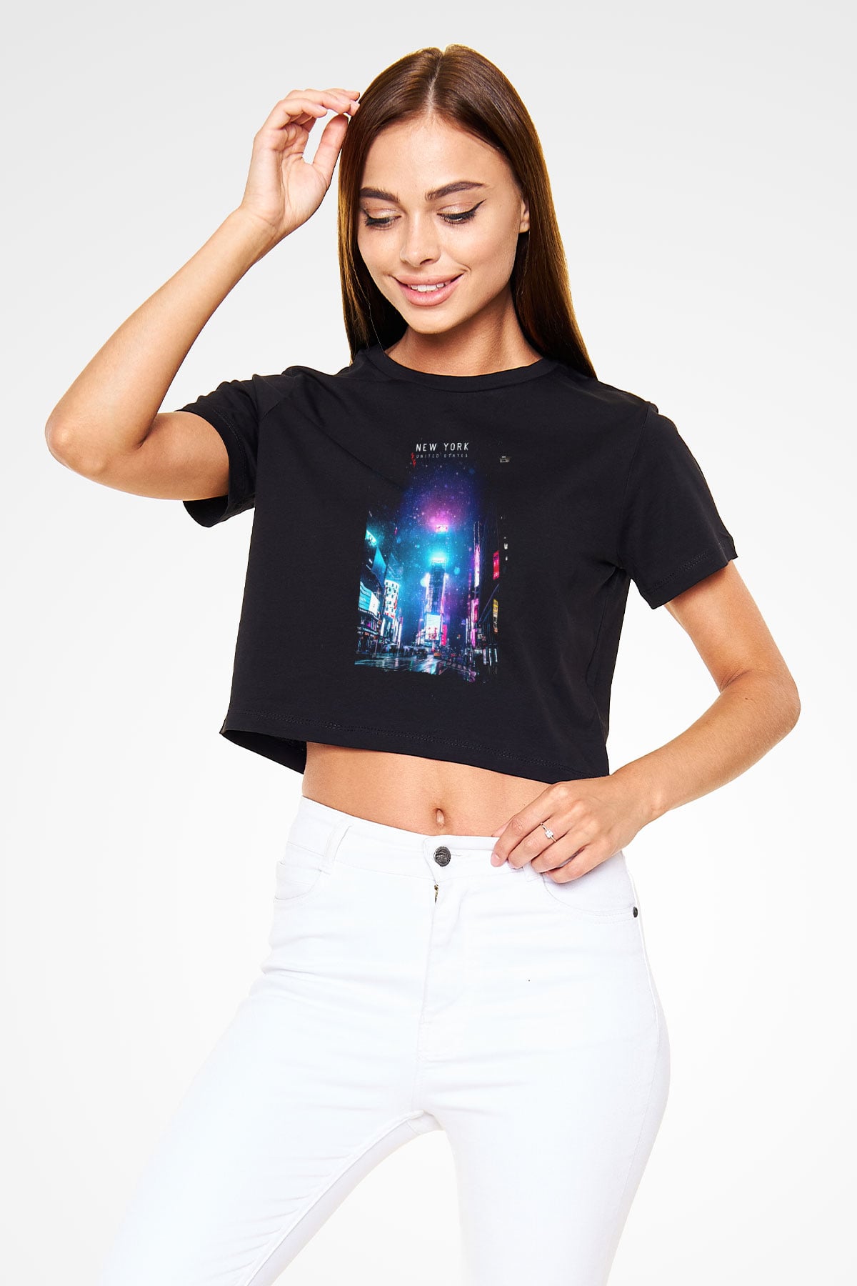 Times Square Siyah  Crop Top Tişört