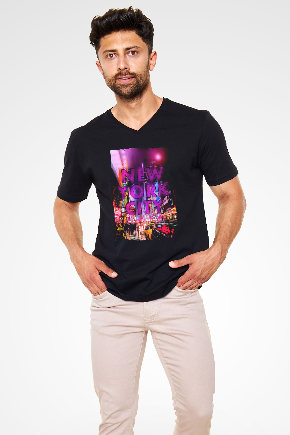 Times Square Siyah Unisex V Yaka Tişört