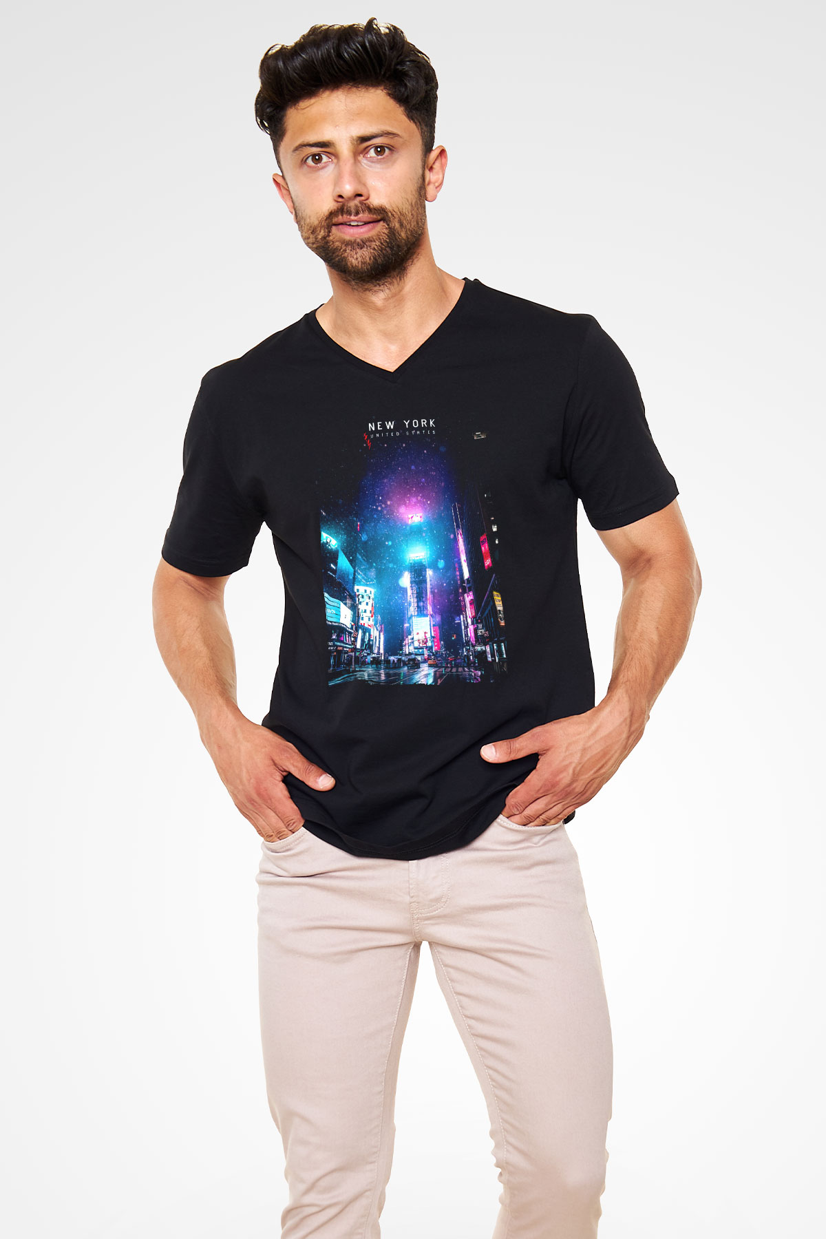 Times Square Siyah Unisex V Yaka Tişört