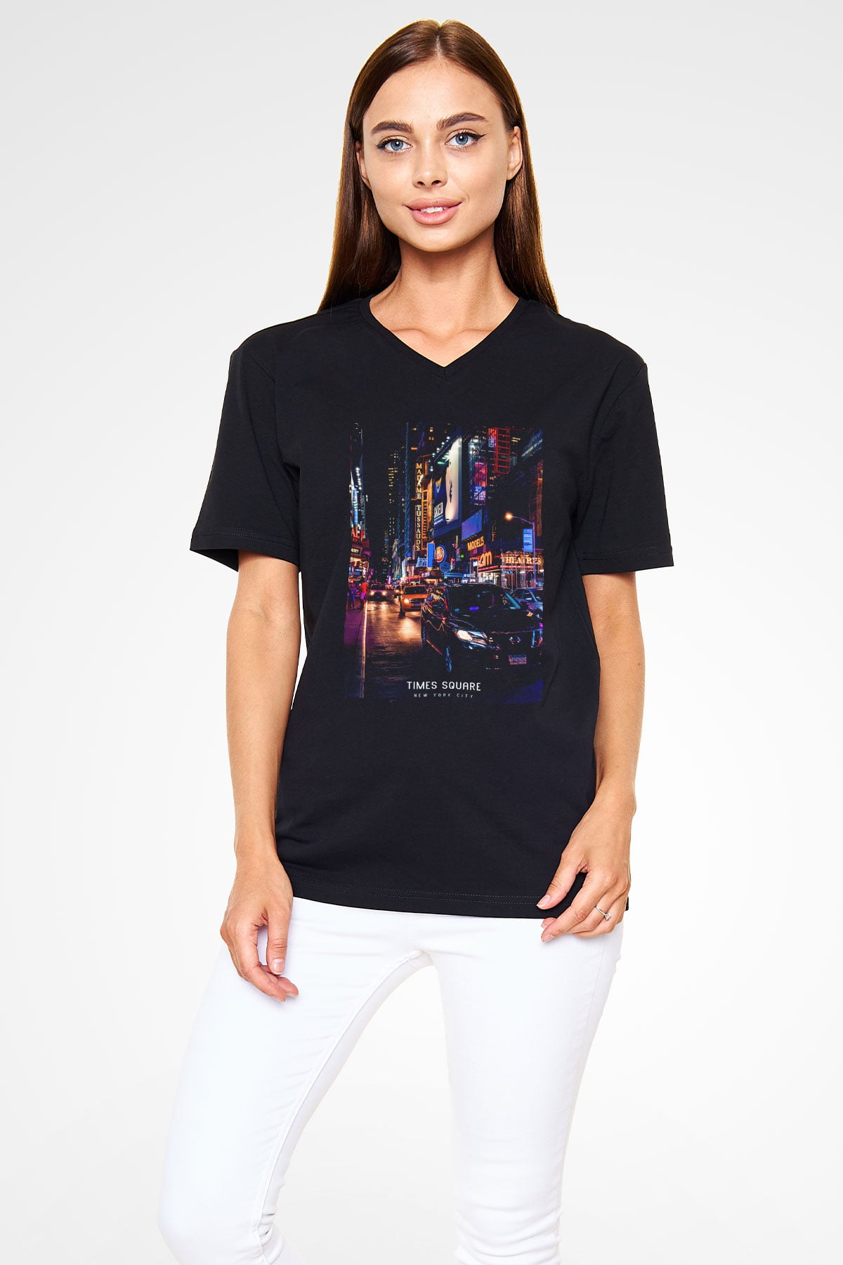 Times Square Siyah Unisex V Yaka Tişört