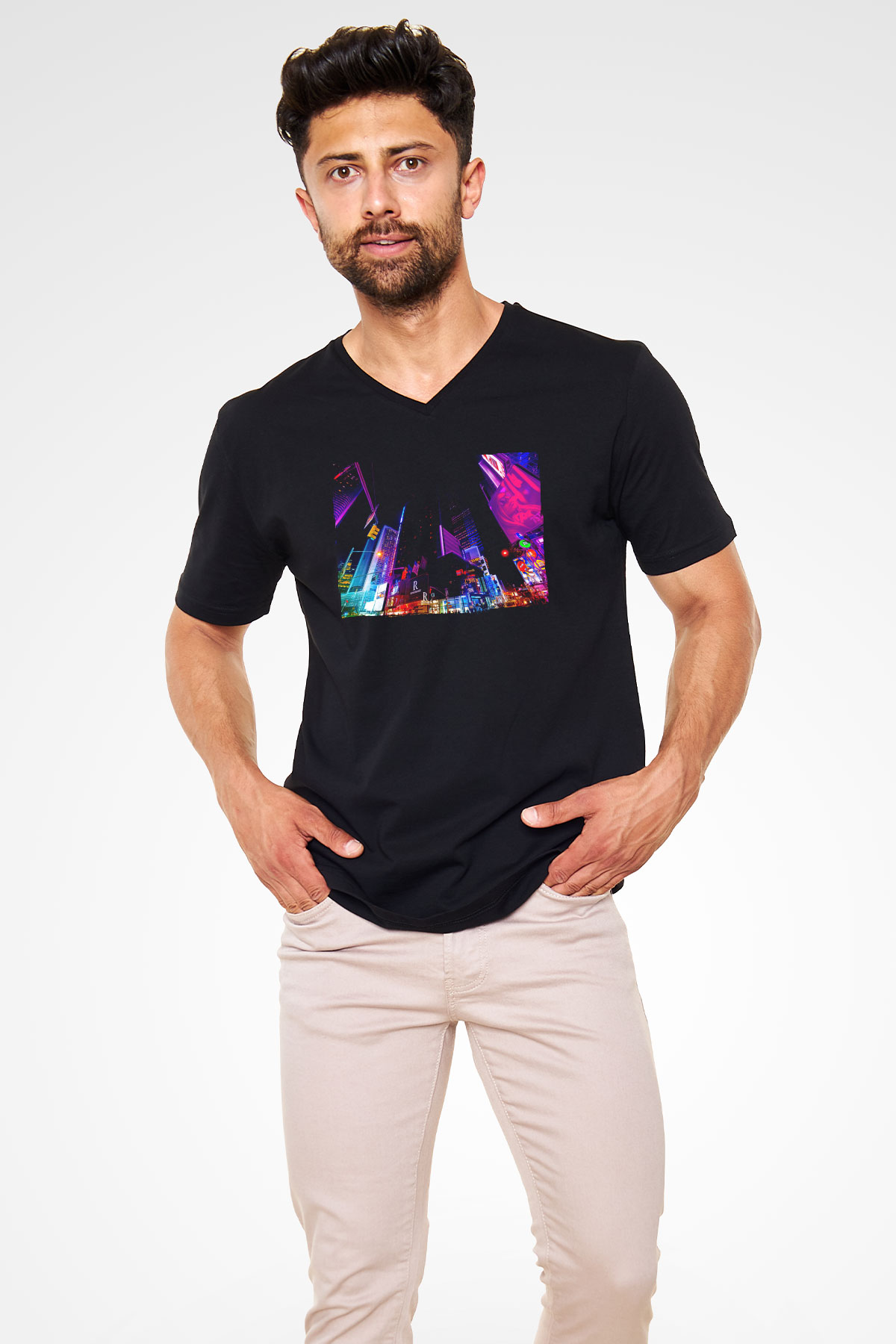 Times Square Siyah Unisex V Yaka Tişört